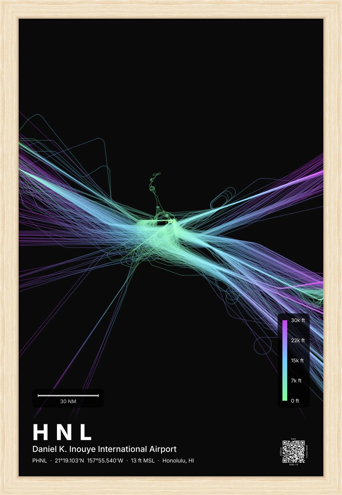 HNL flight path print — Prism theme · Dark [material:framed_natural]