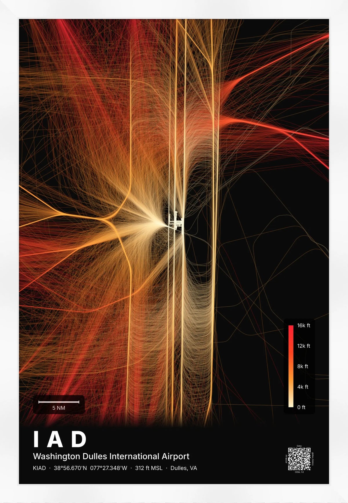 IAD flight path print — Inferno theme · Dark [material:framed_white]