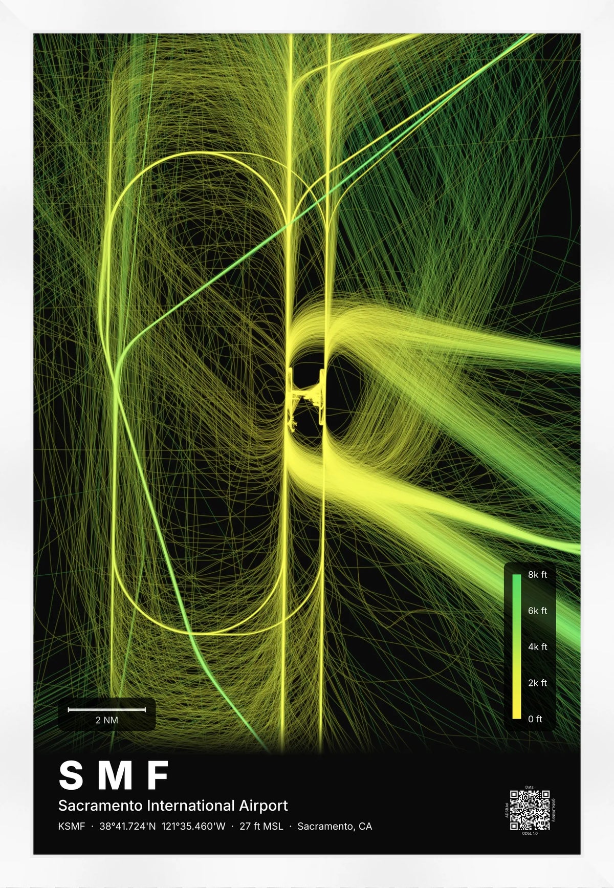 SMF flight path print — Citrus theme · Dark [material:framed_white]