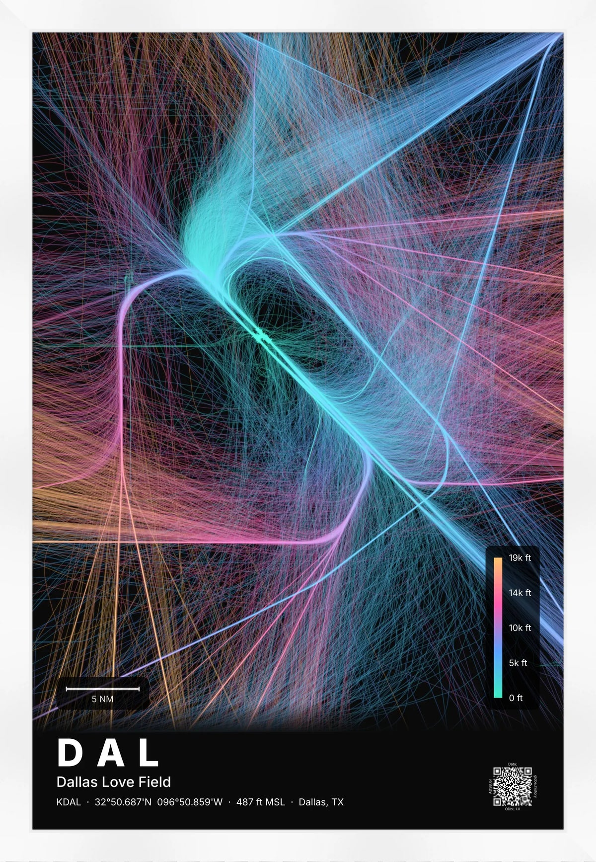 DAL flight path print — Aurora theme · Dark [material:framed_white]