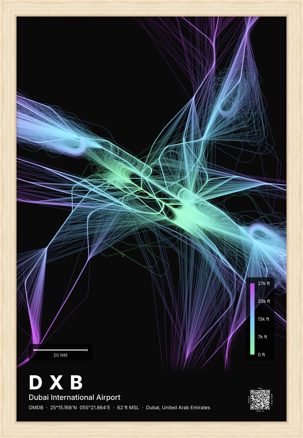 DXB flight path print — Prism theme · Dark [material:framed_natural]