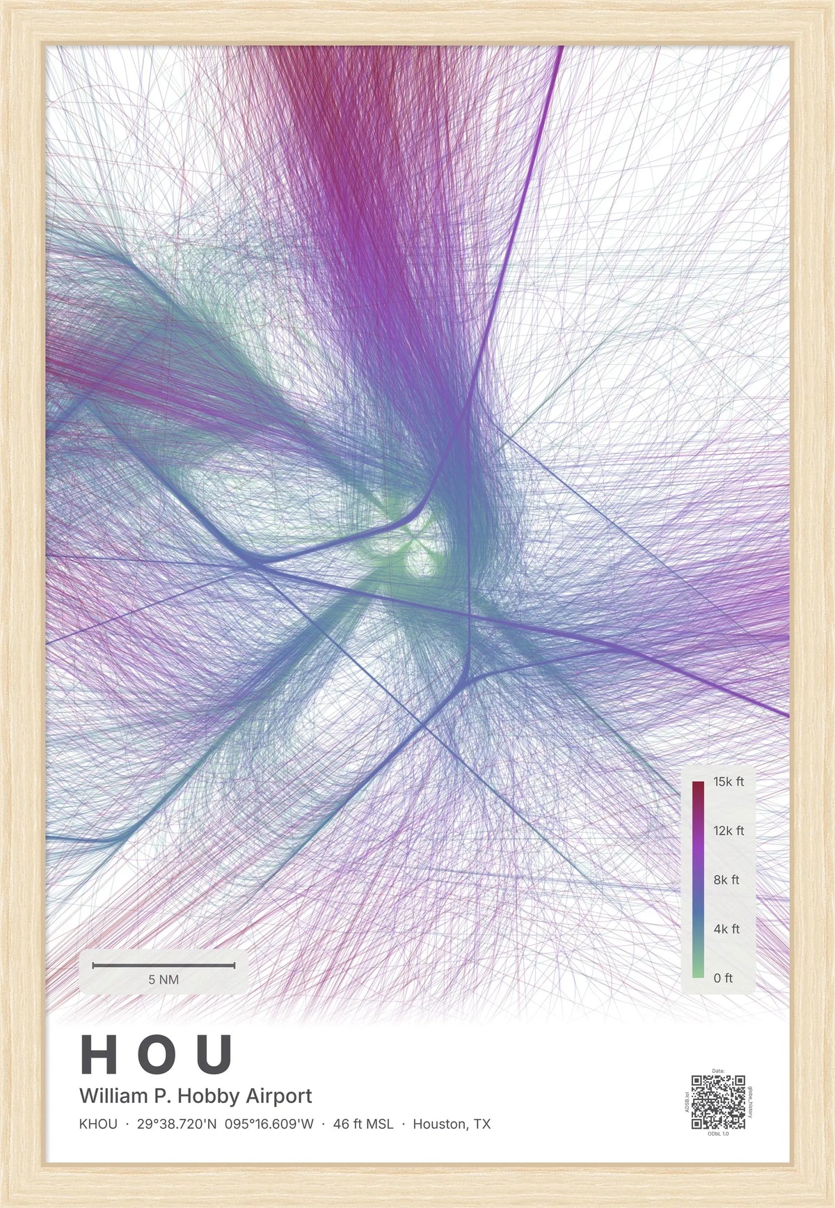 HOU flight path print — Prism theme · Light [material:framed_natural]