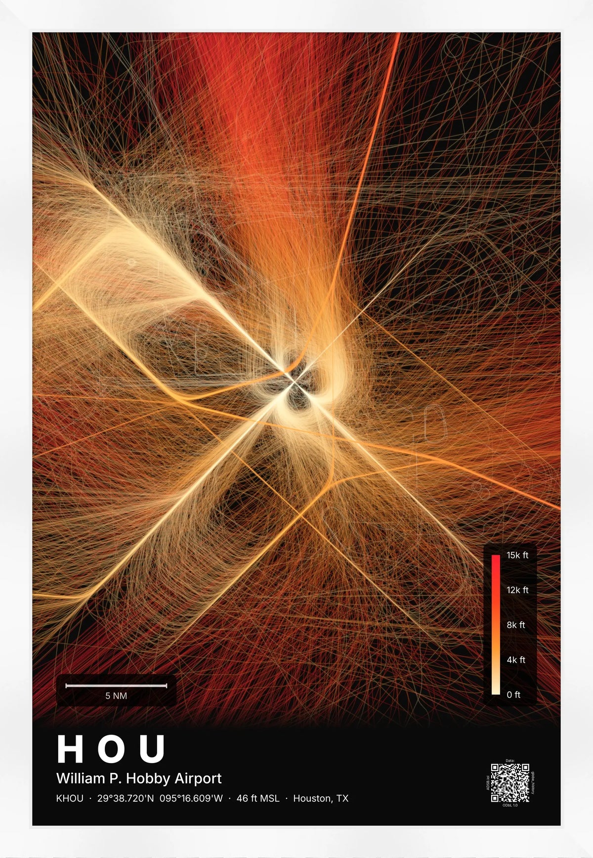 HOU flight path print — Inferno theme · Dark [material:framed_white]