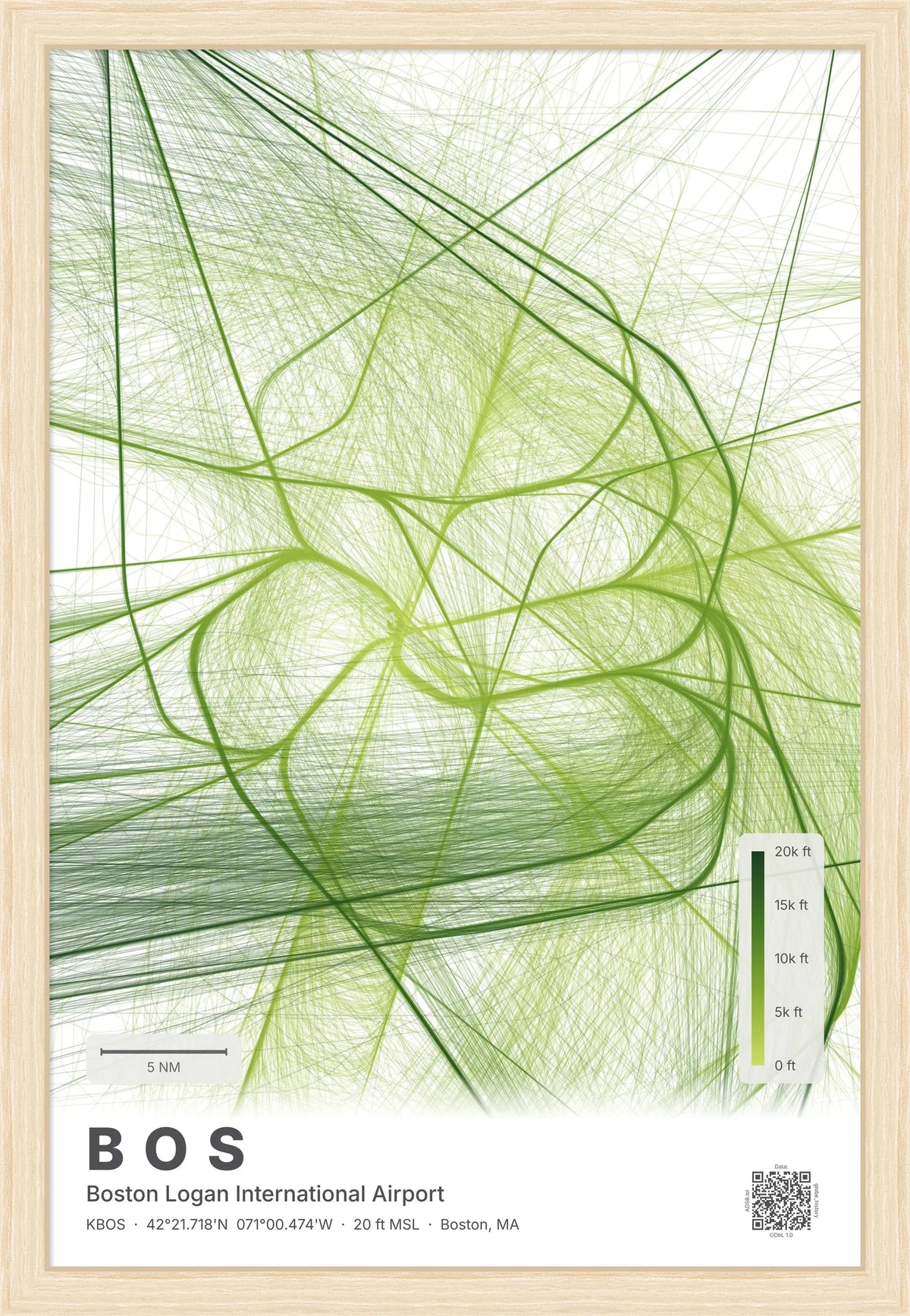 BOS flight path print — Citrus theme · Light [material:framed_natural]