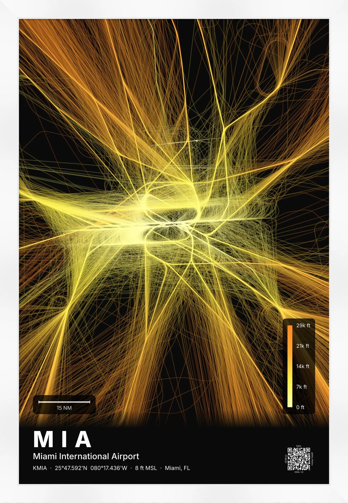 MIA flight path print — Solana theme · Dark [material:framed_white]