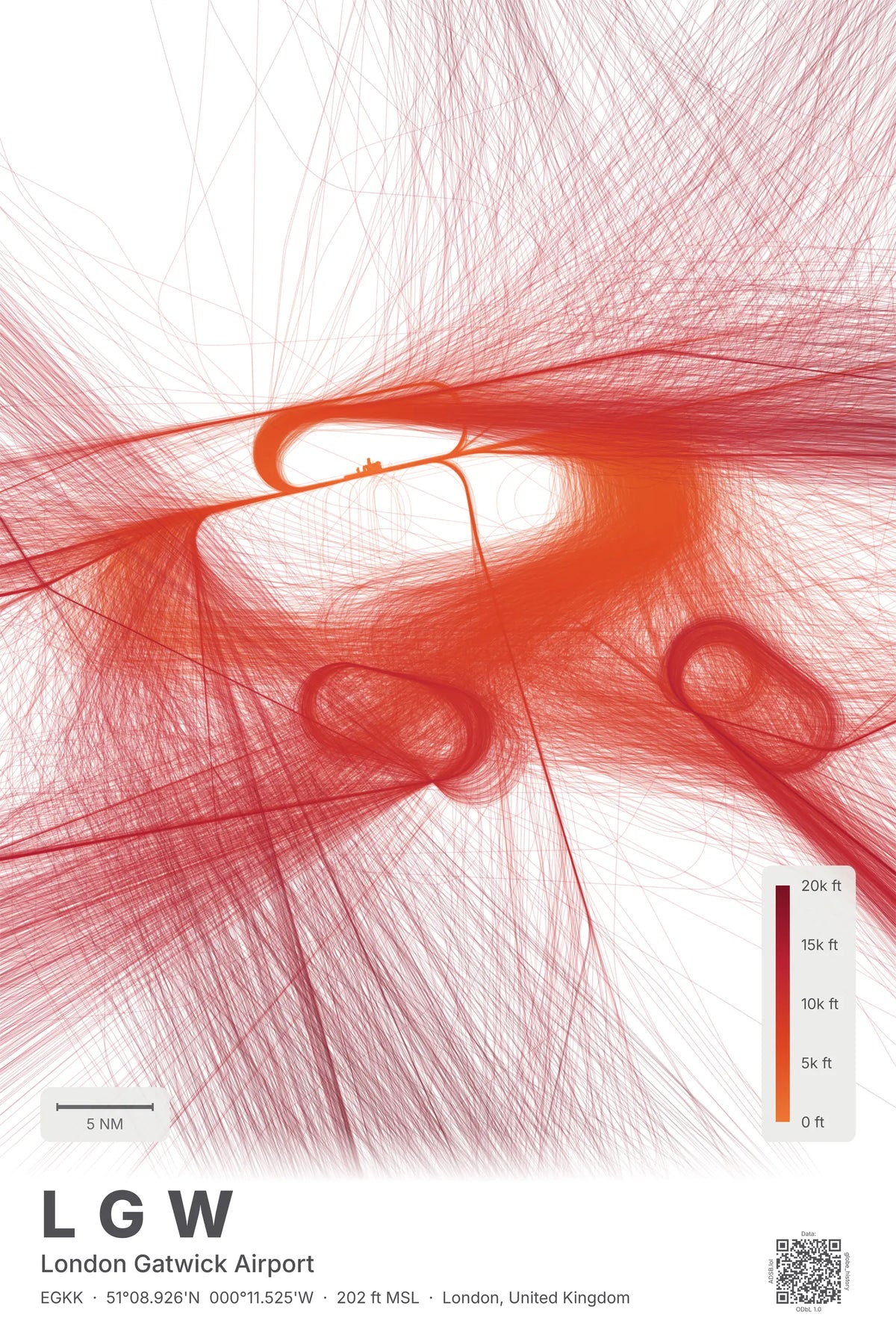 LGW flight path map — Inferno theme · Light