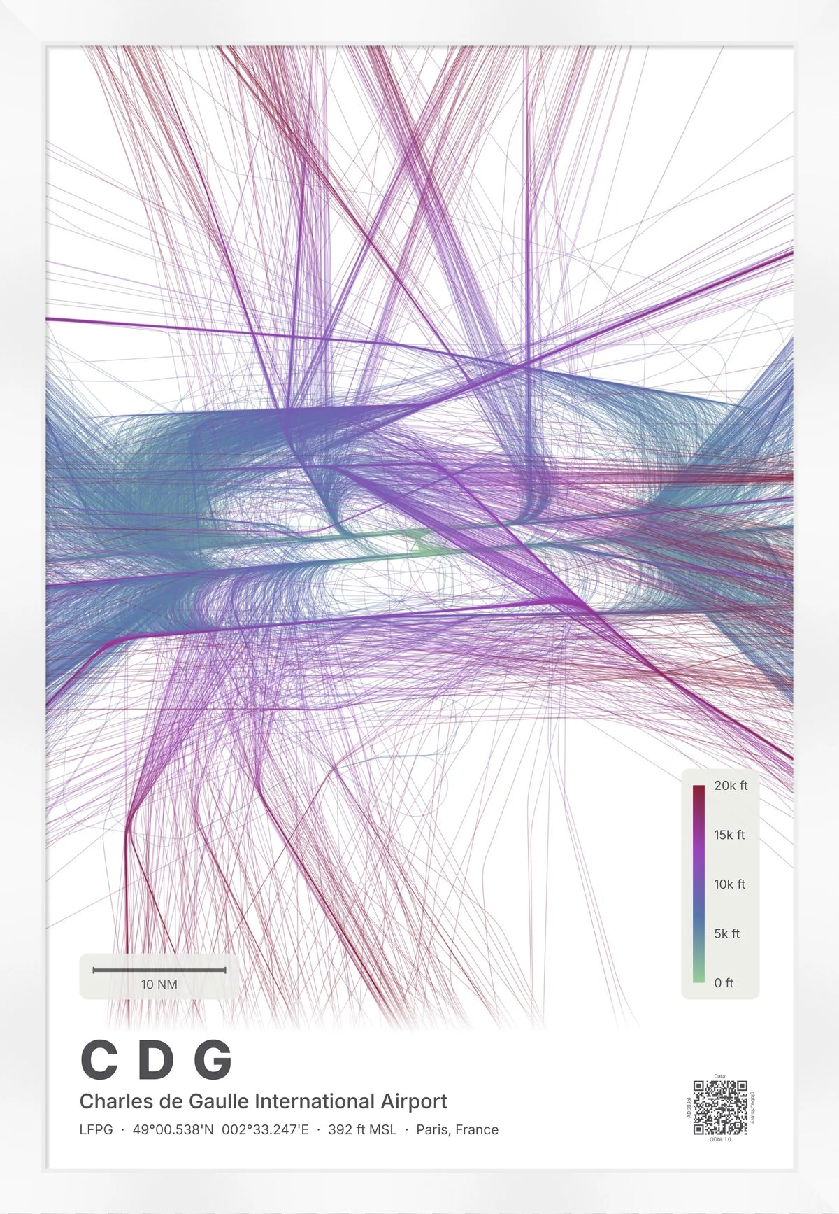 CDG flight path map — Prism theme · Light [material:framed_white]