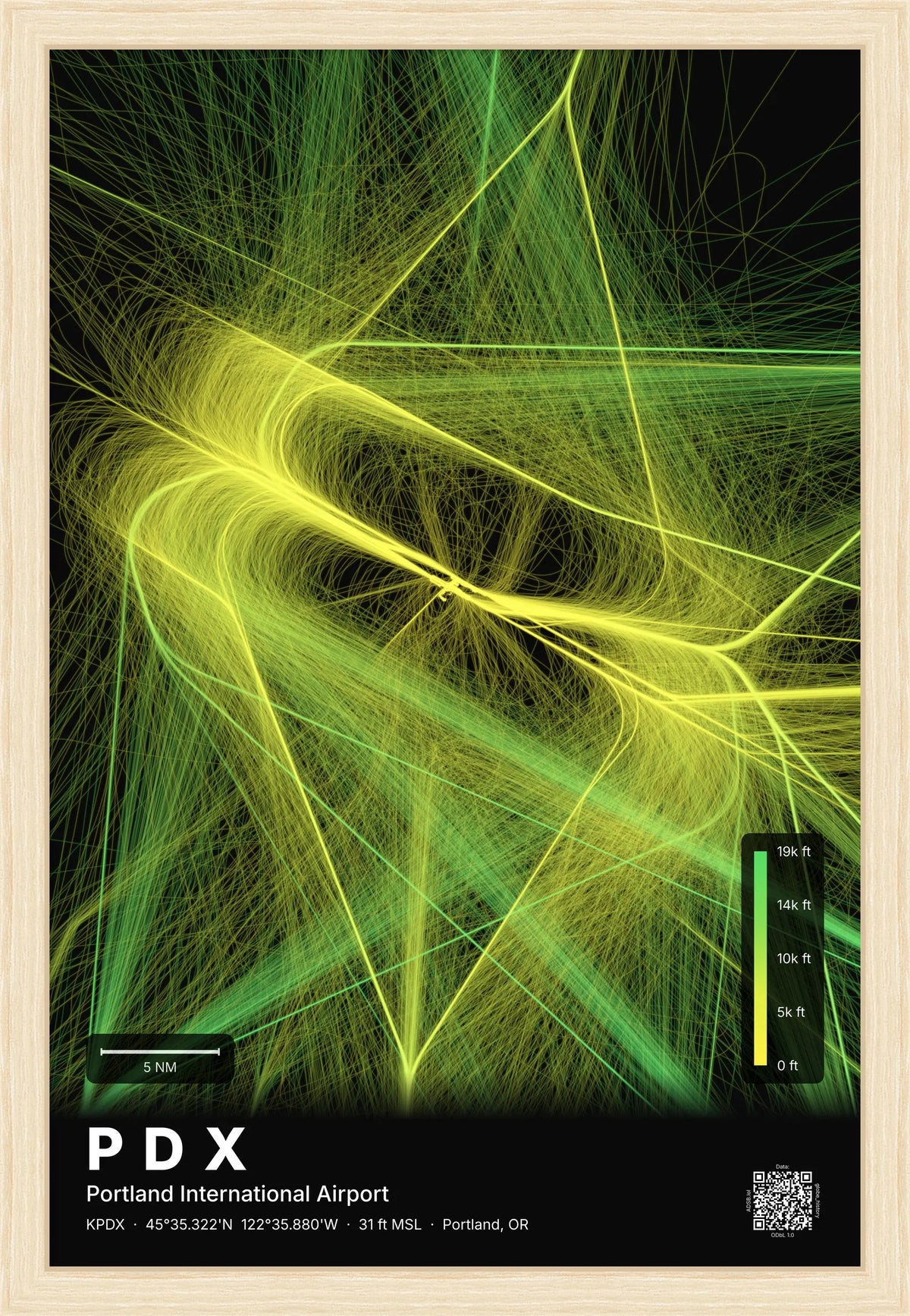 PDX flight path print — Citrus theme · Dark [material:framed_natural]