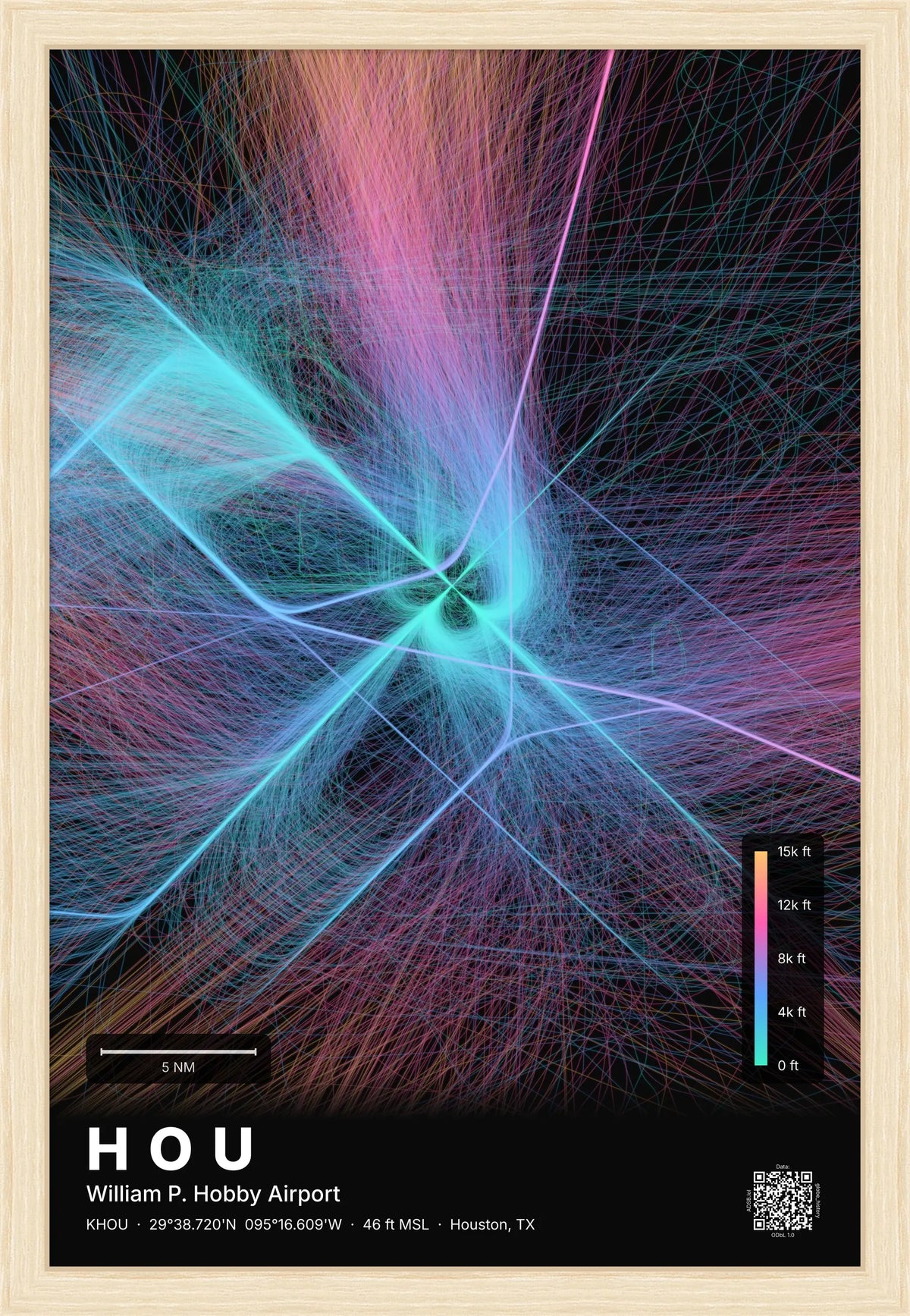 HOU flight path print — Aurora theme · Dark [material:framed_natural]