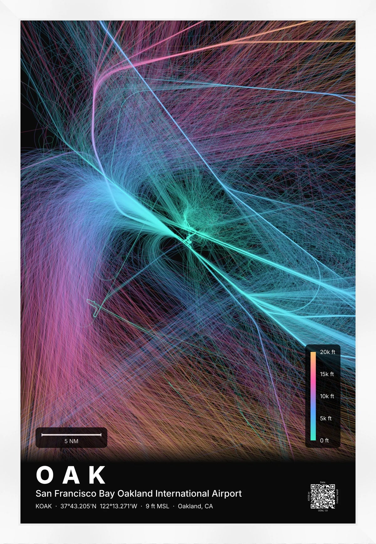 OAK flight path print — Aurora theme · Dark [material:framed_white]