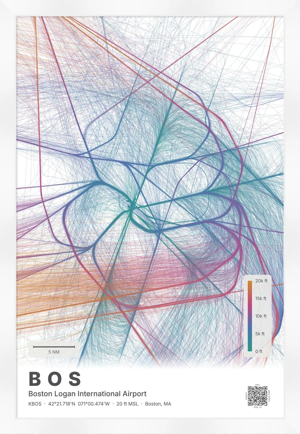 BOS flight path print — Aurora theme · Light [material:framed_white]
