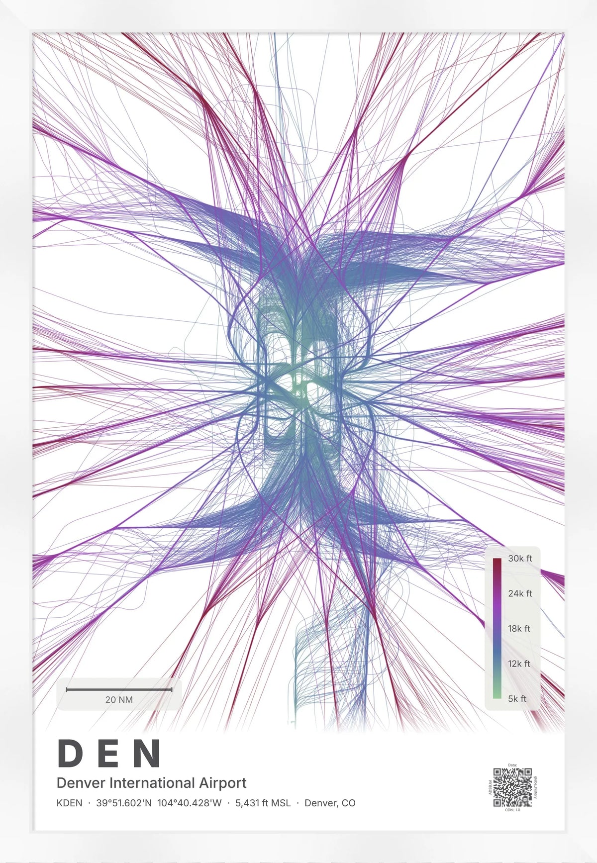 DEN flight path print — Prism theme · Light [material:framed_white]