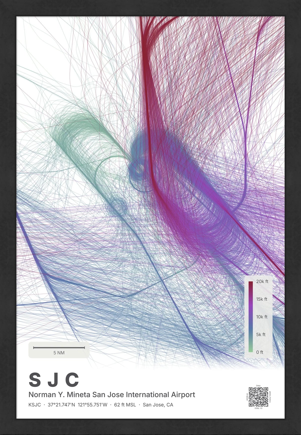 SJC flight path map — Prism theme · Light [material:framed_black]