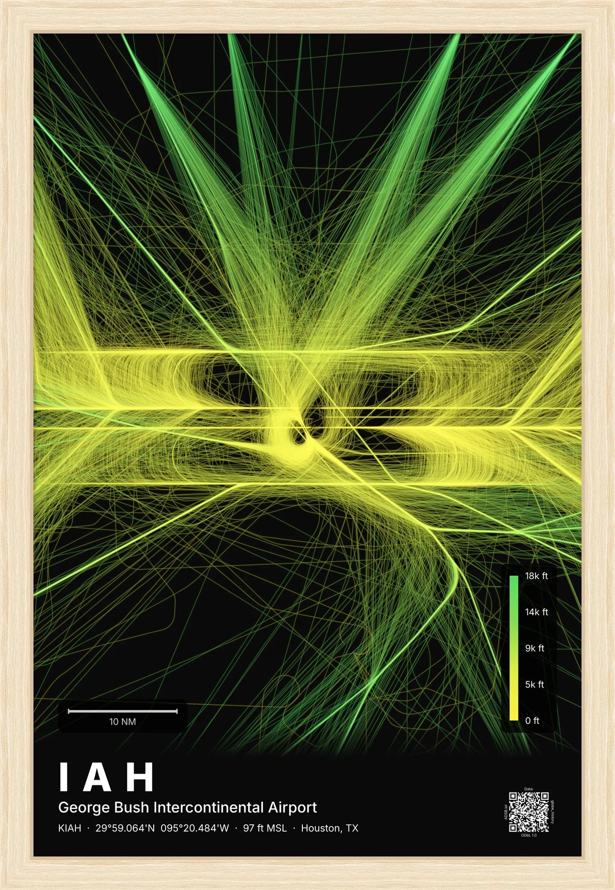 IAH flight path print — Citrus theme · Dark [material:framed_natural]