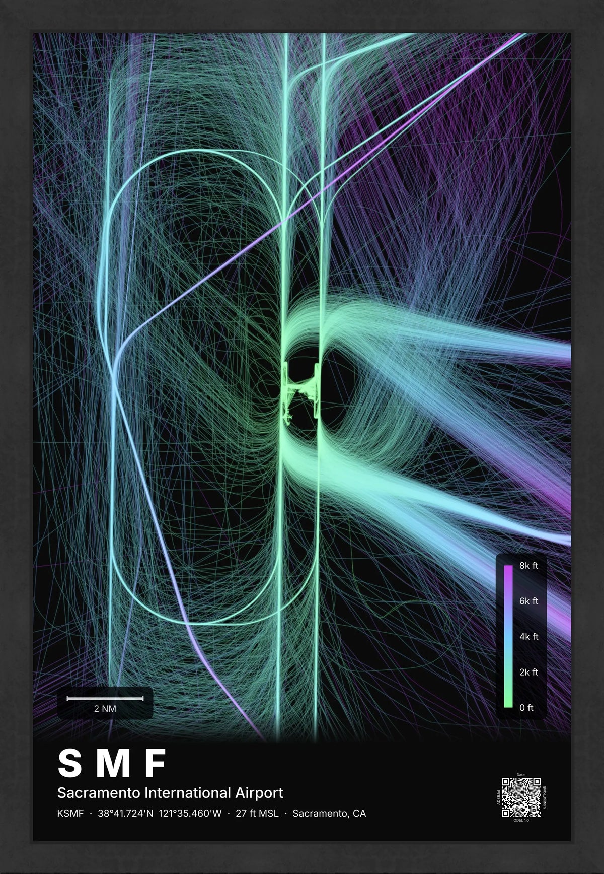 SMF flight path print — Prism theme · Dark [material:framed_black]