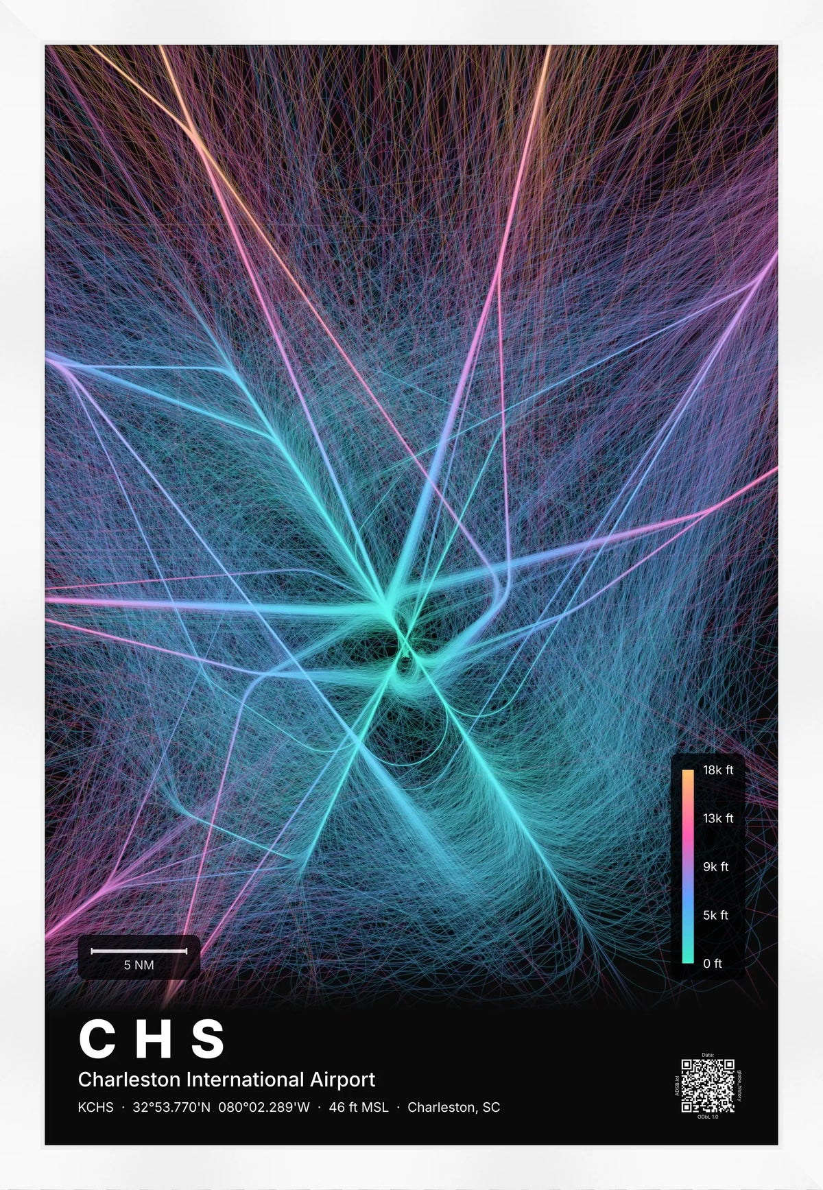 CHS flight path print — Aurora theme · Dark [material:framed_white]