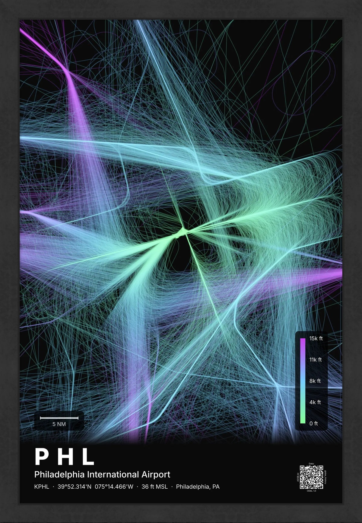 PHL flight path print — Prism theme · Dark [material:framed_black]