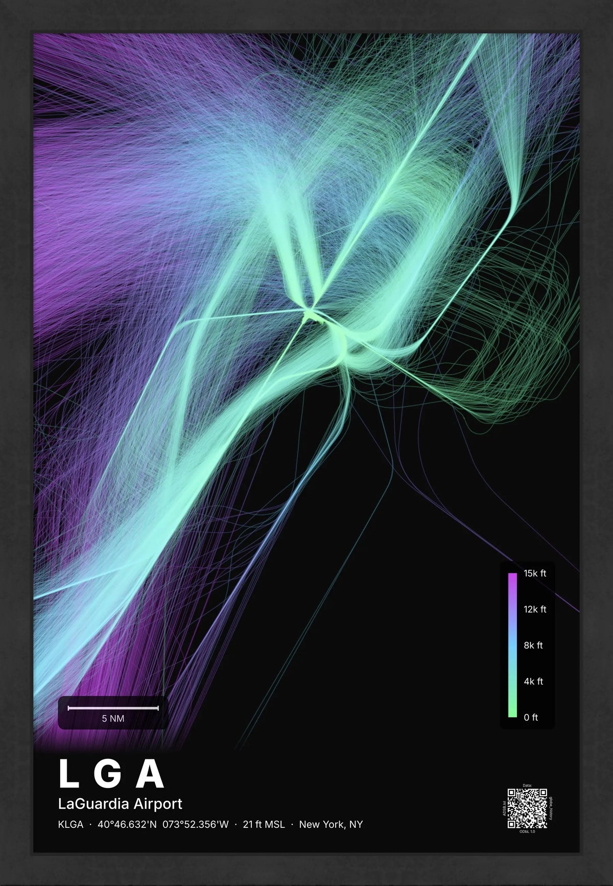 LGA flight path print — Prism theme · Dark [material:framed_black]