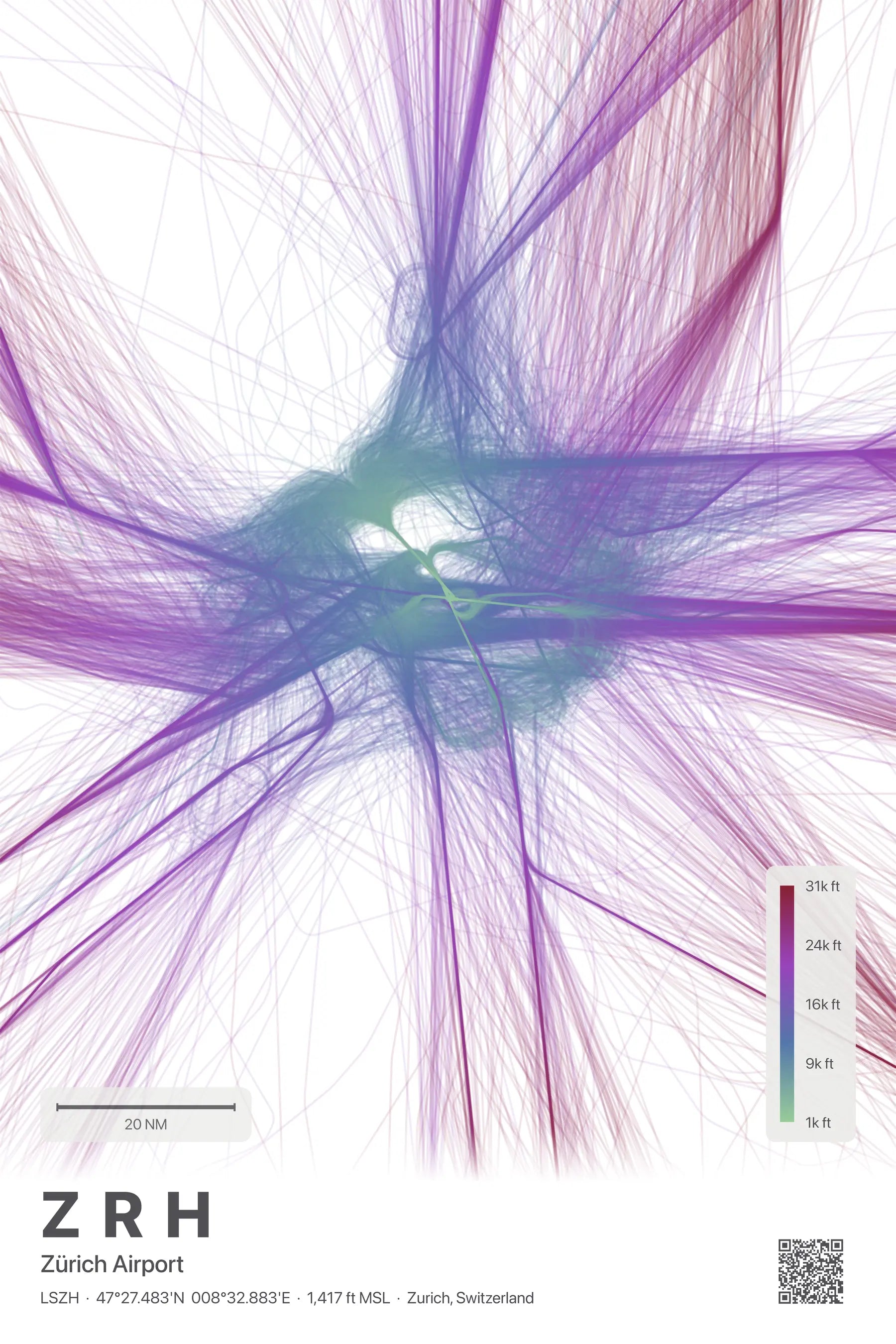 ZRH flight path print — Prism theme · Light