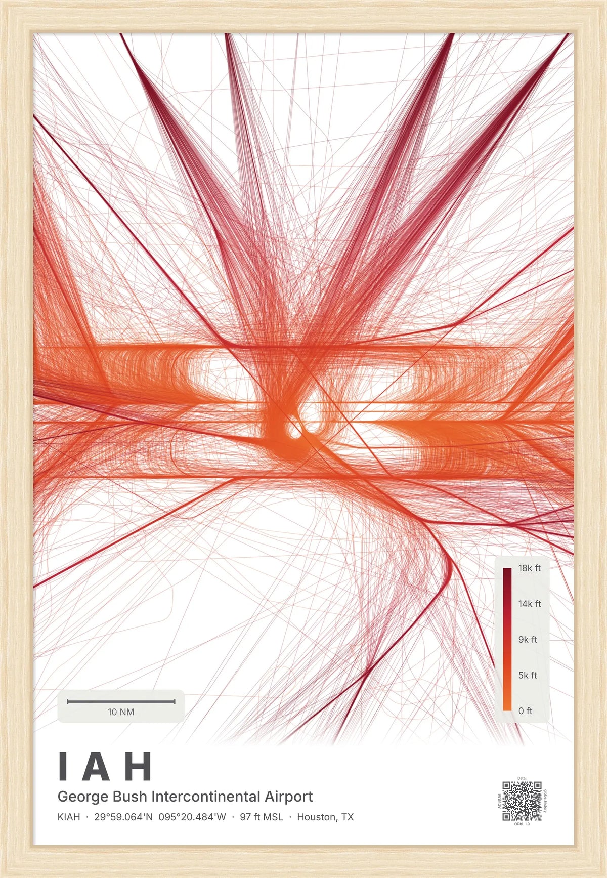 IAH flight path print — Inferno theme · Light [material:framed_natural]