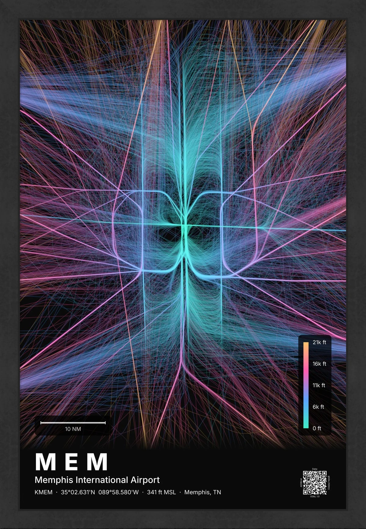 MEM flight path print — Aurora theme · Dark [material:framed_black]