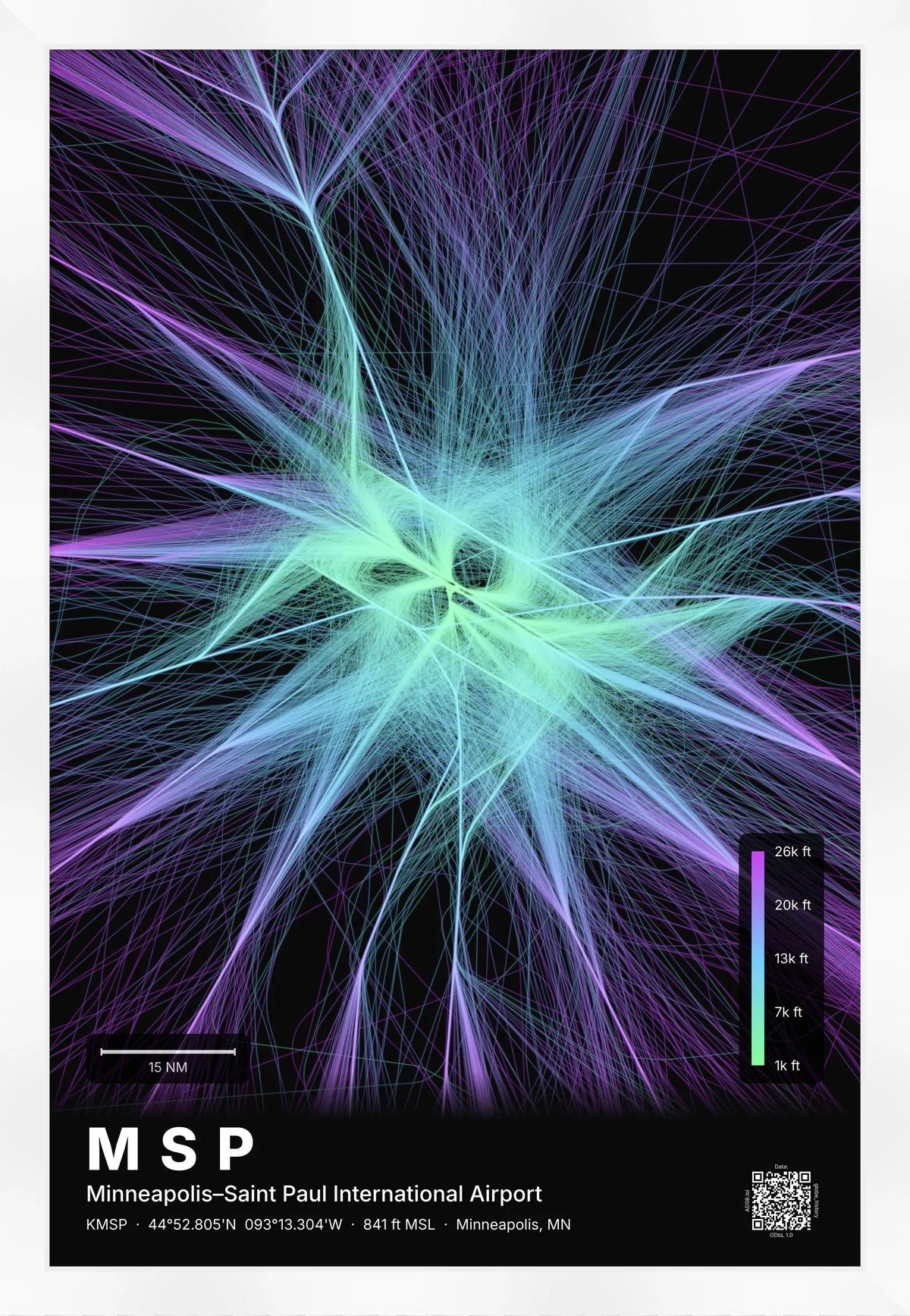 MSP flight path print — Prism theme · Dark [material:framed_white]