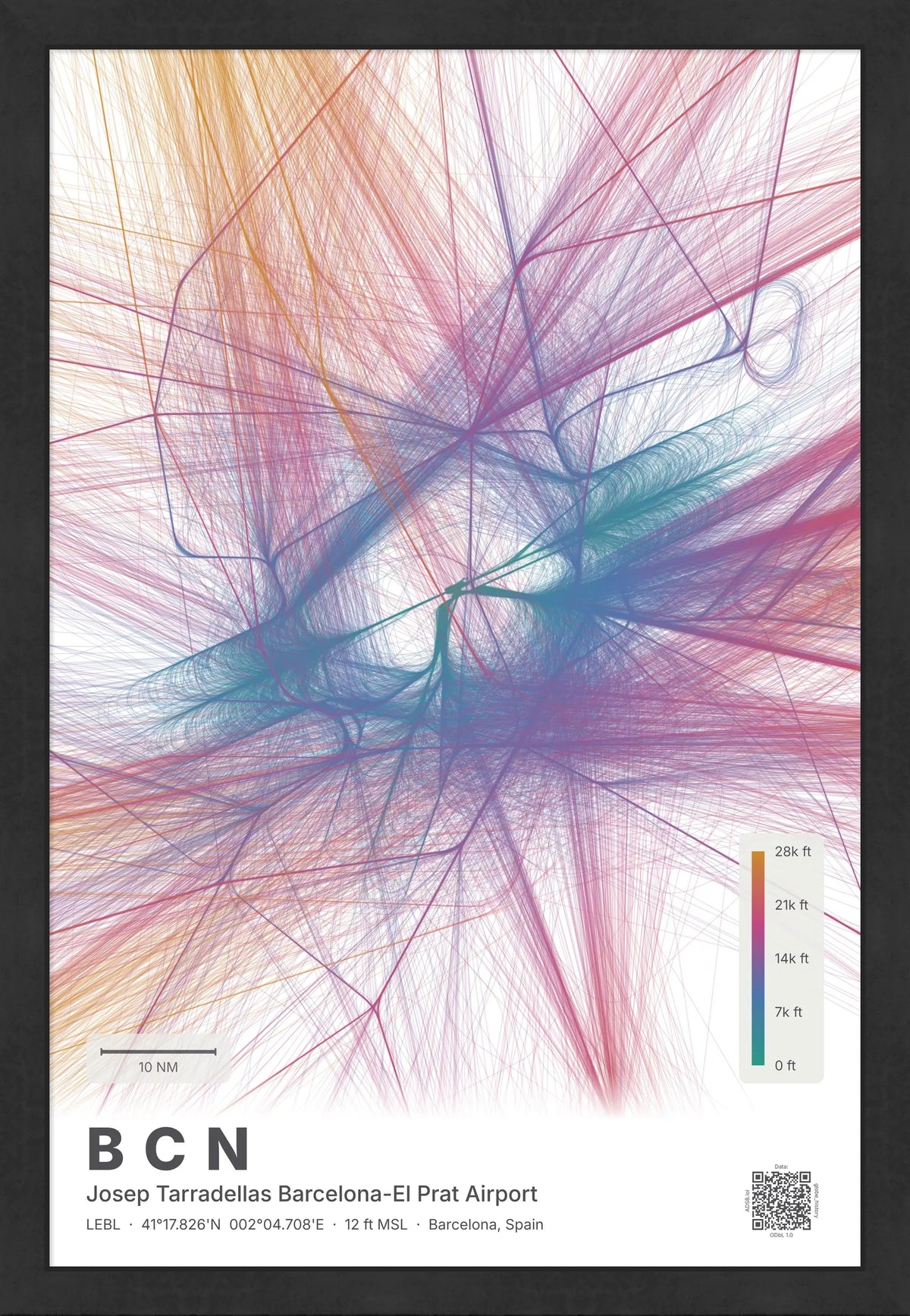 BCN flight path map — Aurora theme · Light [material:framed_black]