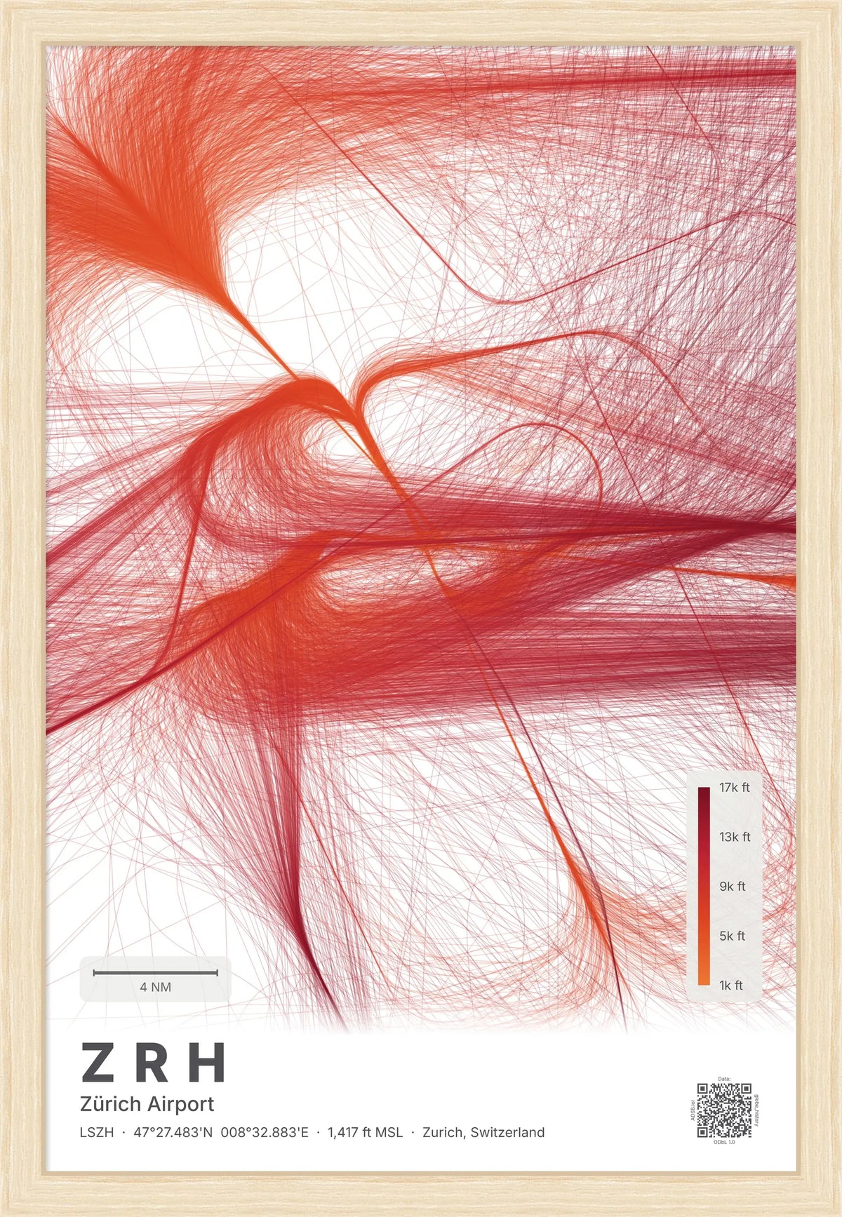 ZRH flight path map — Inferno theme · Light [material:framed_natural]