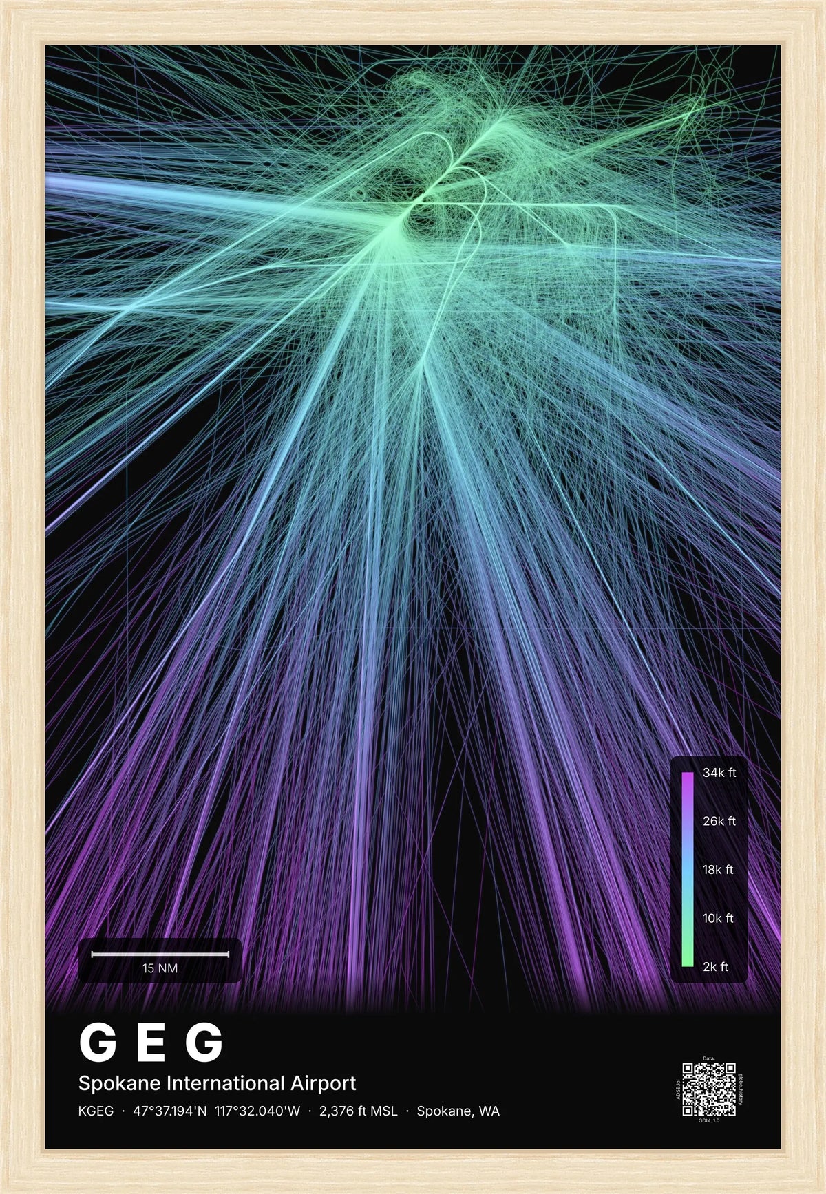 GEG flight path print — Prism theme · Dark [material:framed_natural]