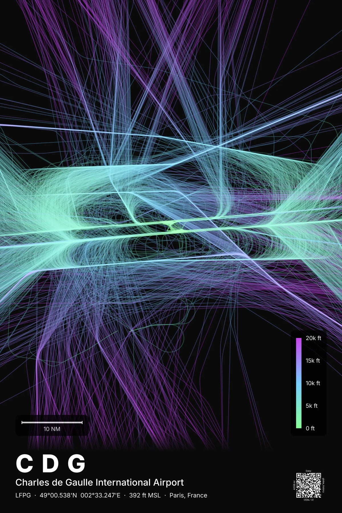 CDG flight path map — Prism theme · Dark