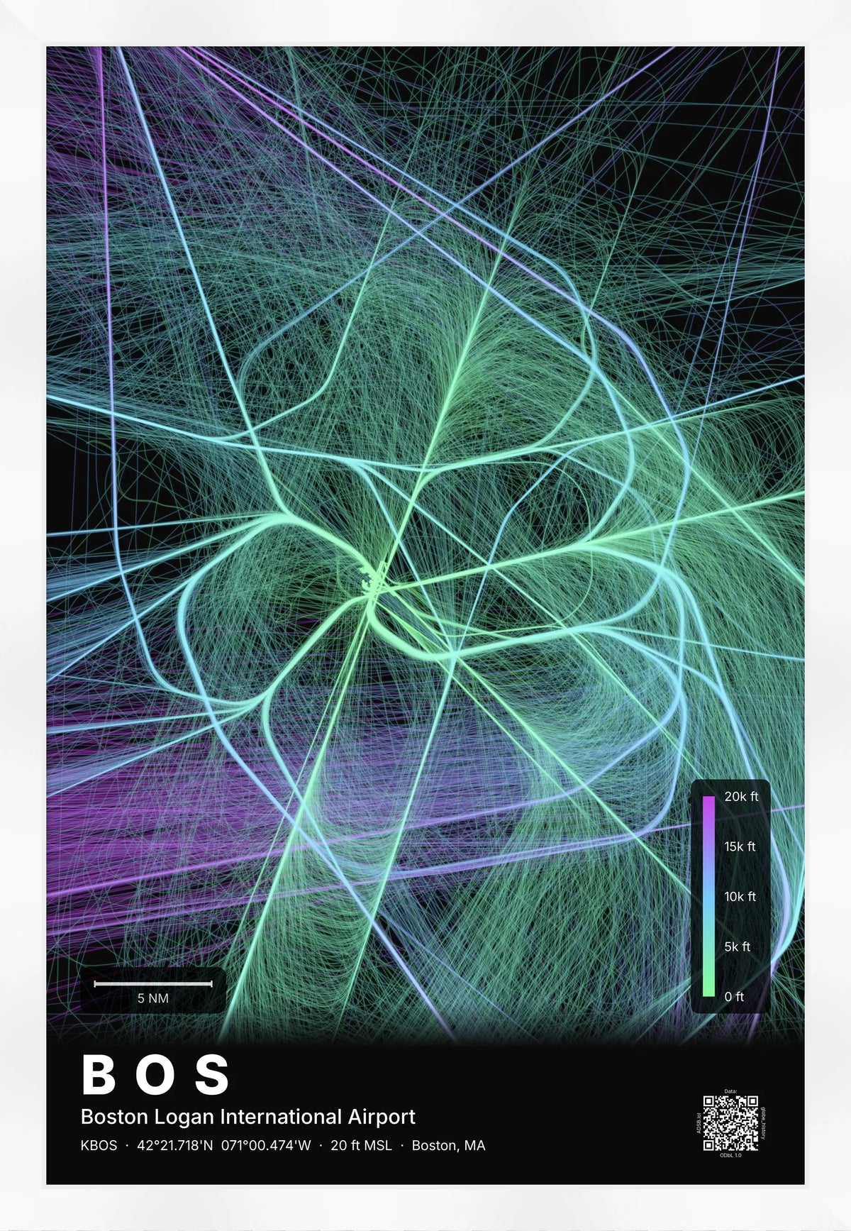 BOS flight path print — Prism theme · Dark [material:framed_white]
