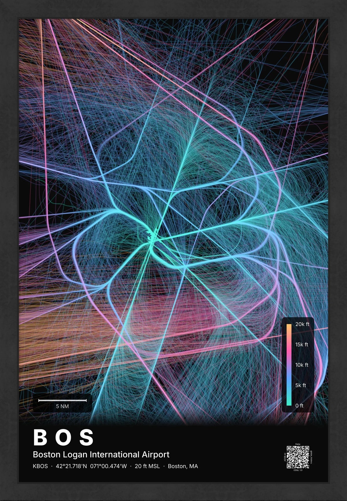 BOS flight path print — Aurora theme · Dark [material:framed_black]