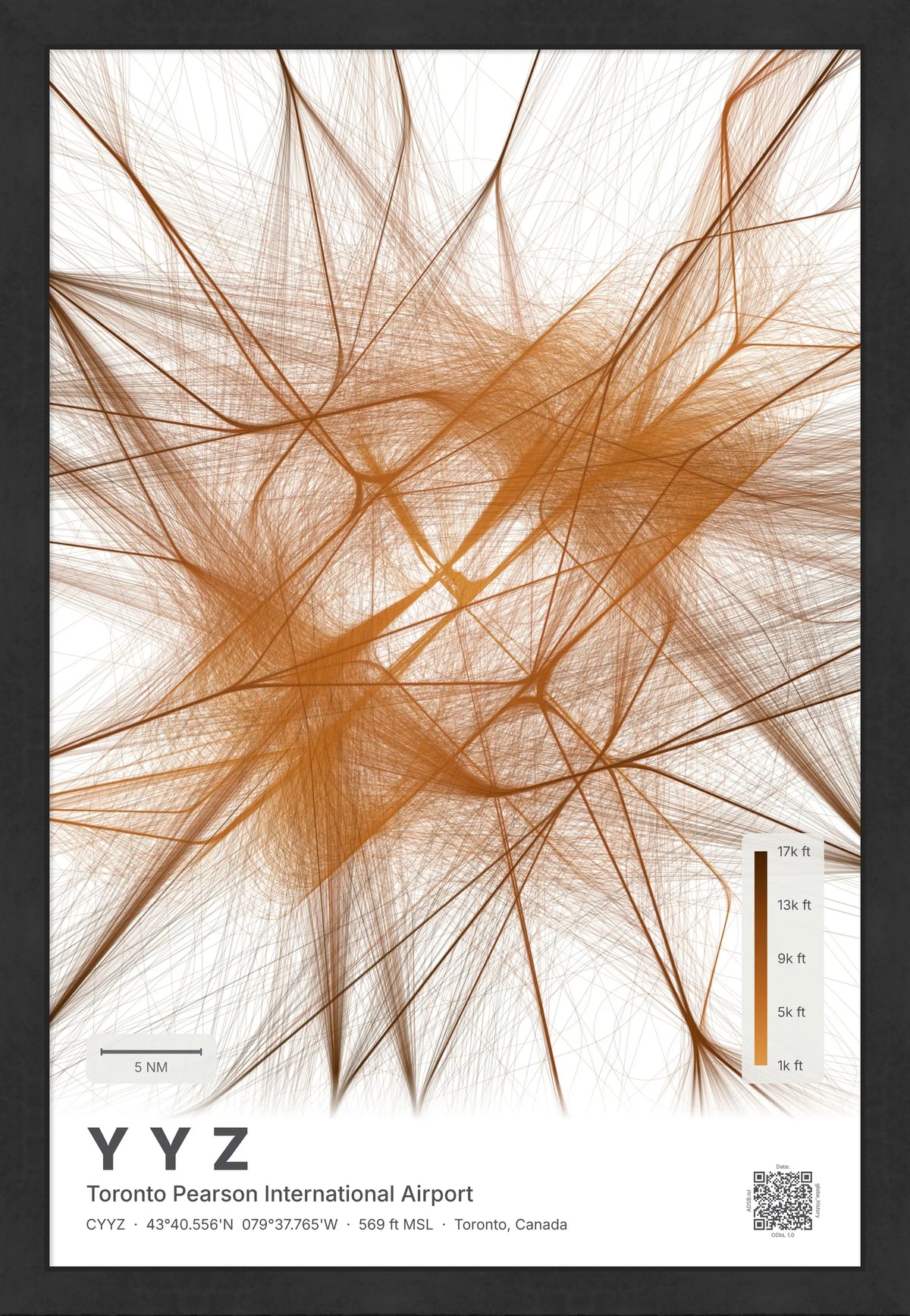 YYZ flight path map — Solana theme · Light [material:framed_black]