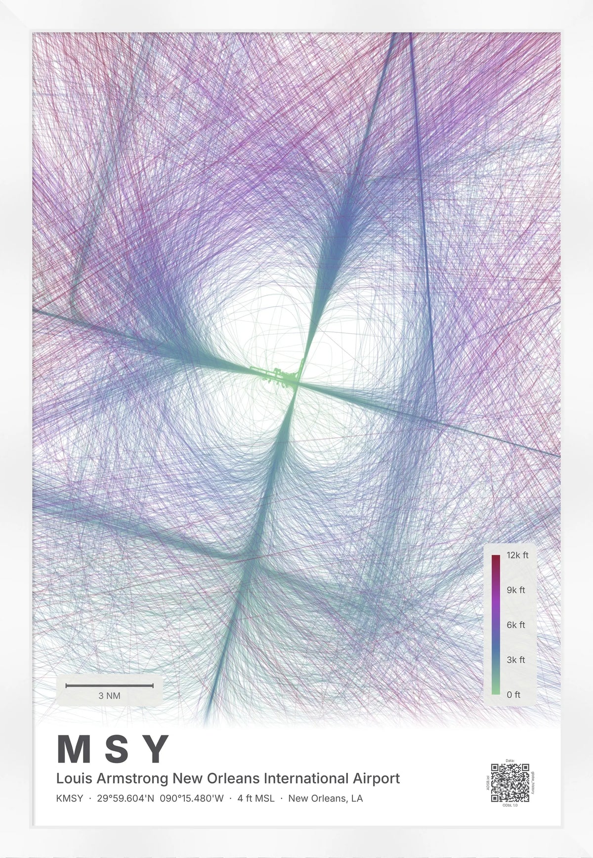 MSY flight path print — Prism theme · Light [material:framed_white]