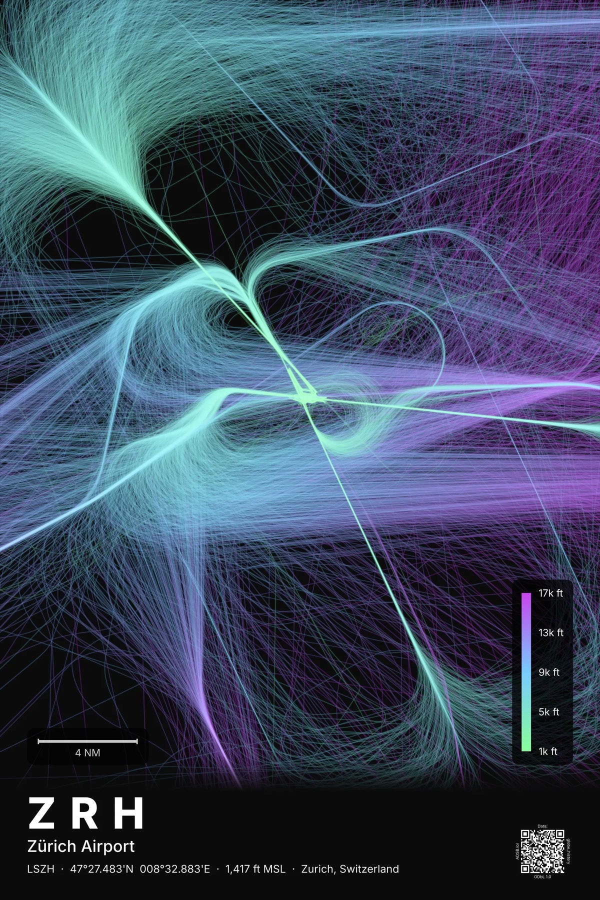 ZRH flight path map — Prism theme · Dark