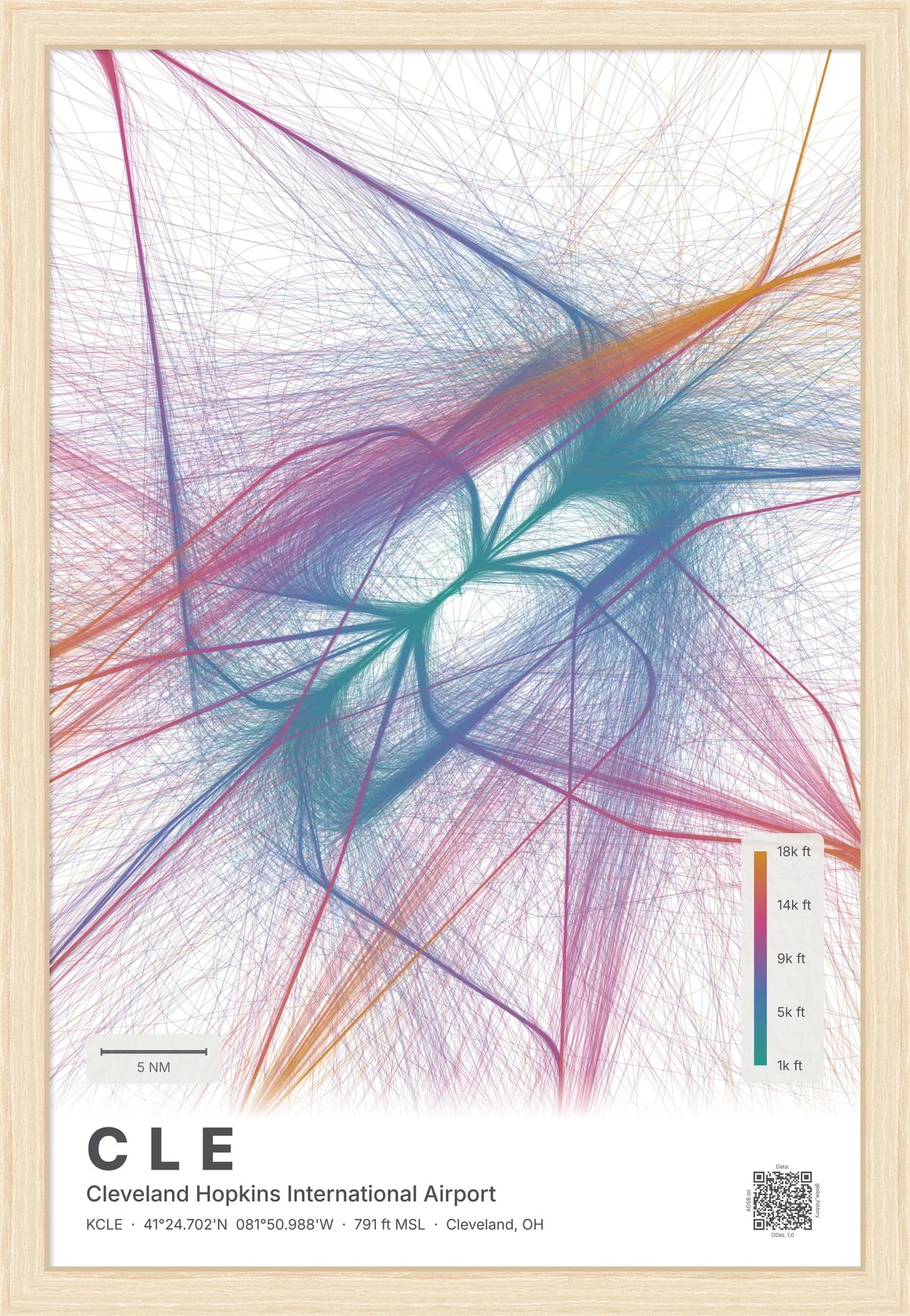 CLE flight path print — Aurora theme · Light [material:framed_natural]