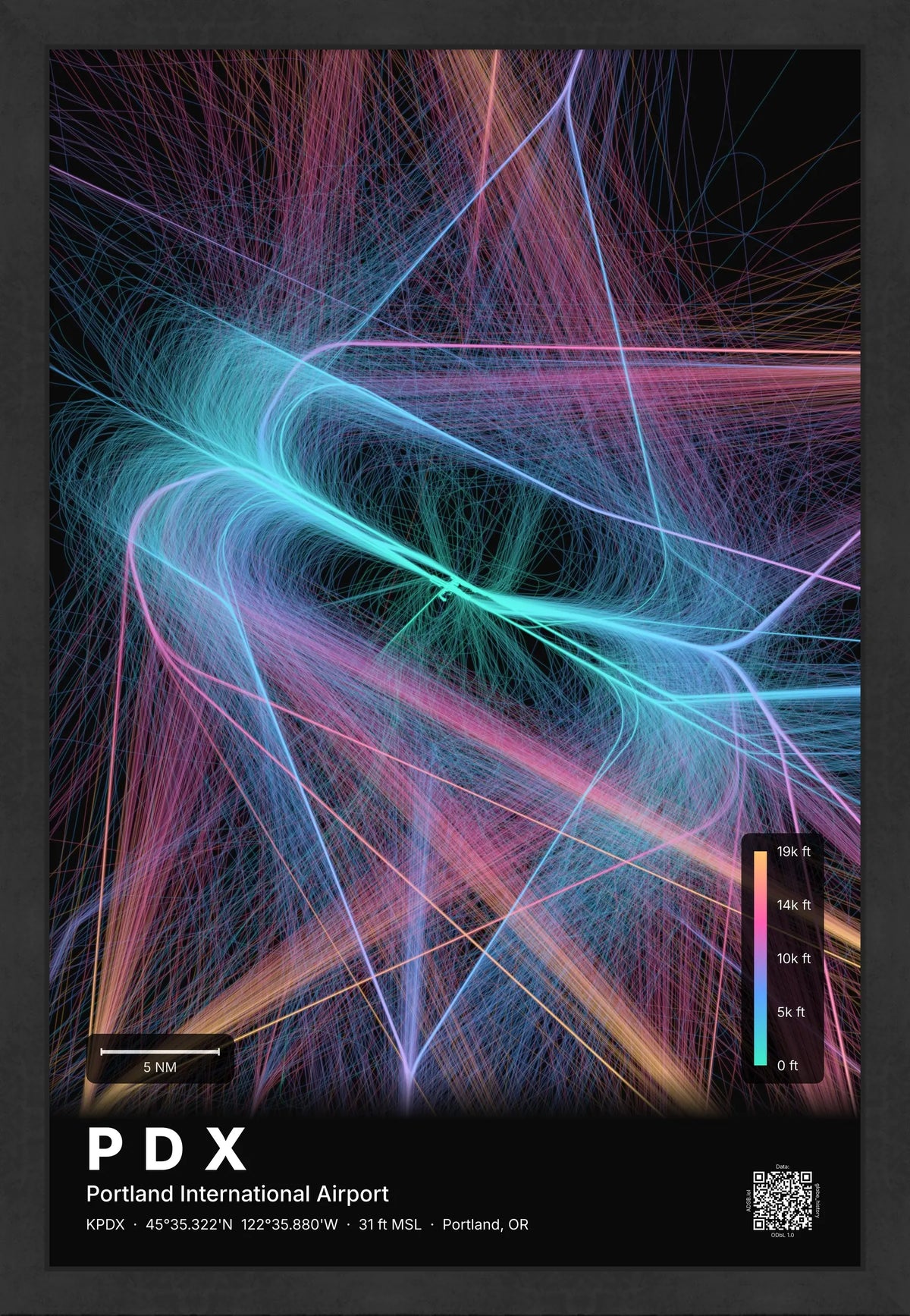 PDX flight path print — Aurora theme · Dark [material:framed_black]