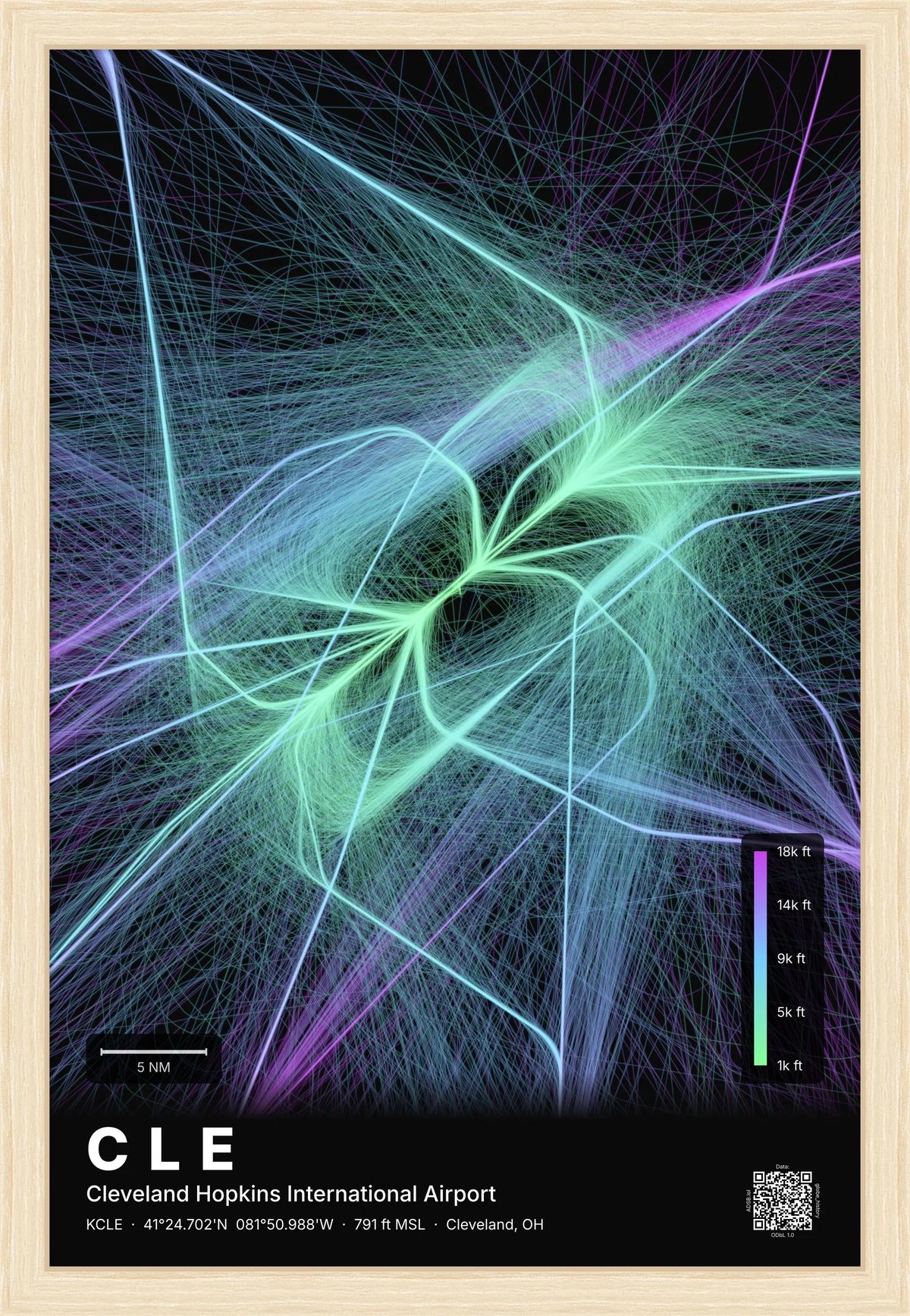 CLE flight path print — Prism theme · Dark [material:framed_natural]