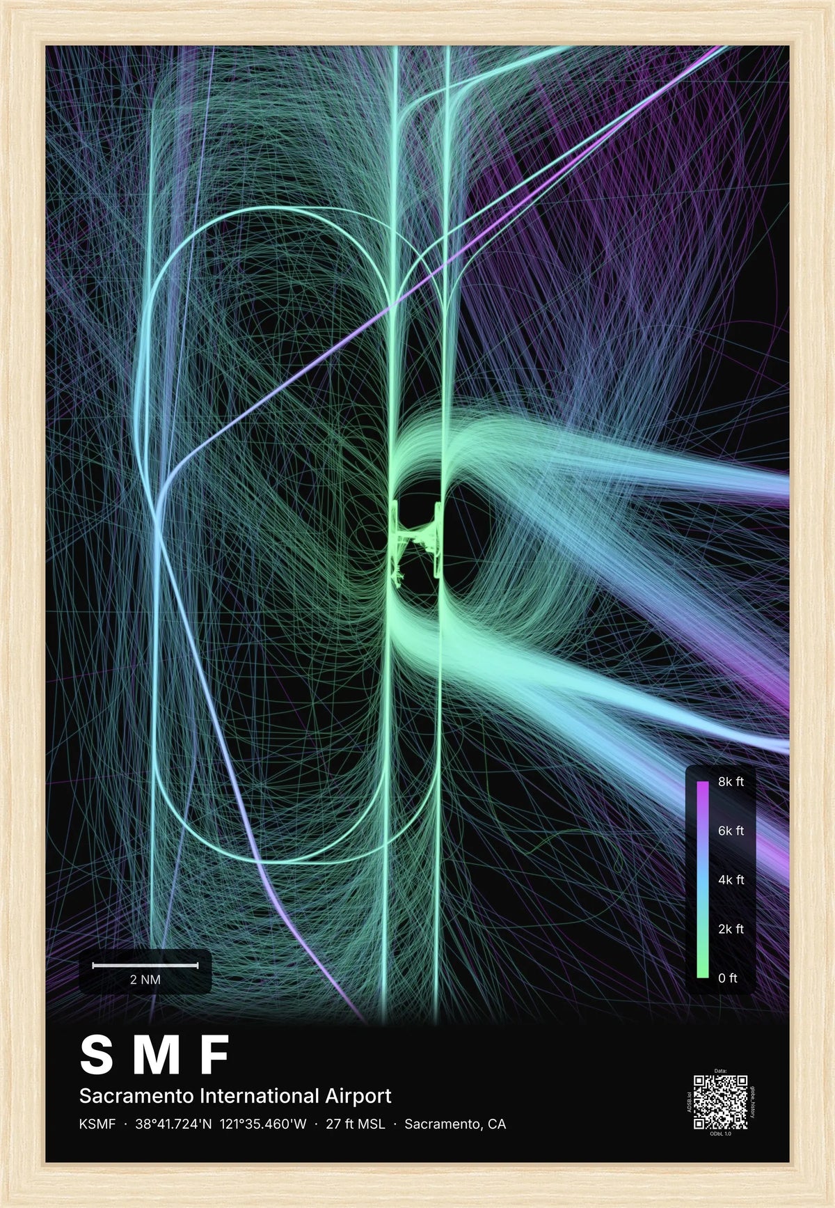 SMF flight path print — Prism theme · Dark [material:framed_natural]