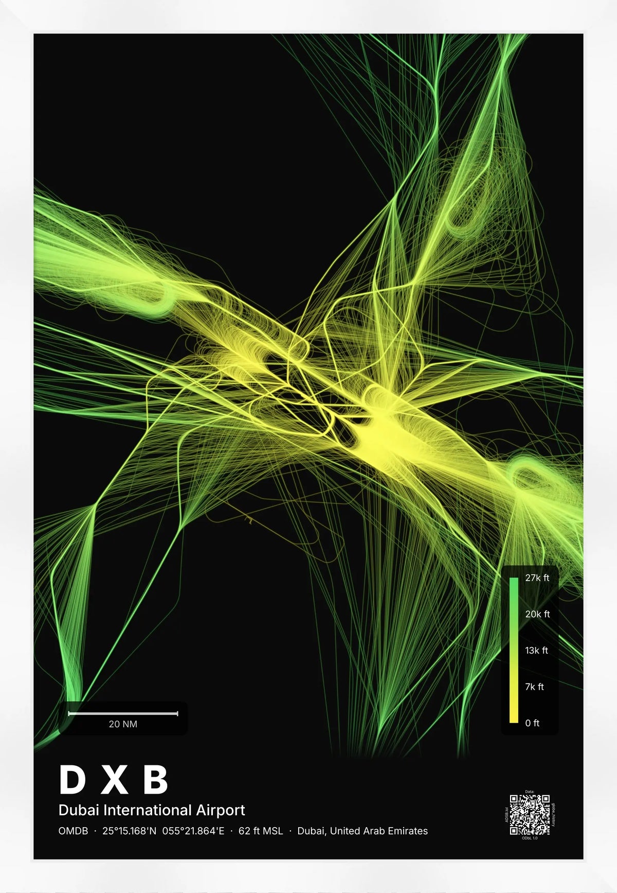 DXB flight path print — Citrus theme · Dark [material:framed_white]