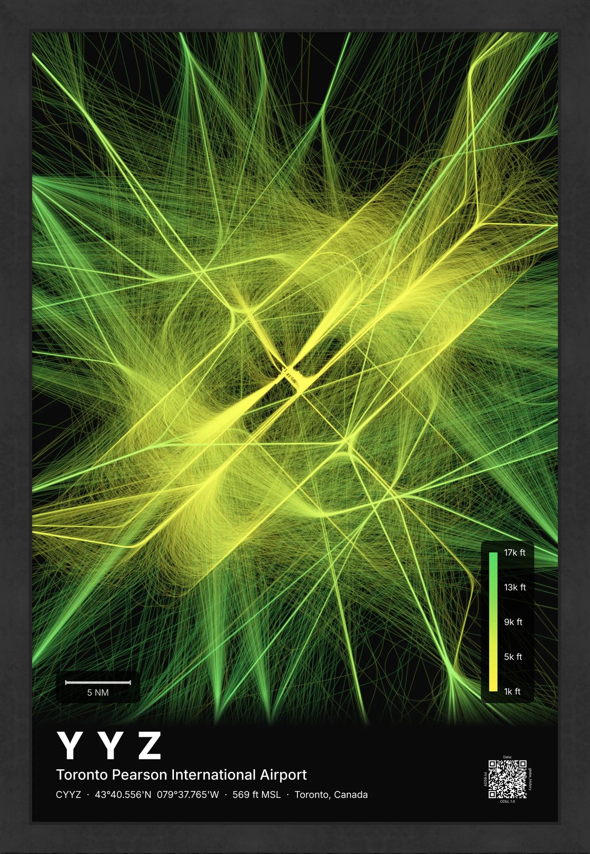 YYZ flight path map — Citrus theme · Dark [material:framed_black]