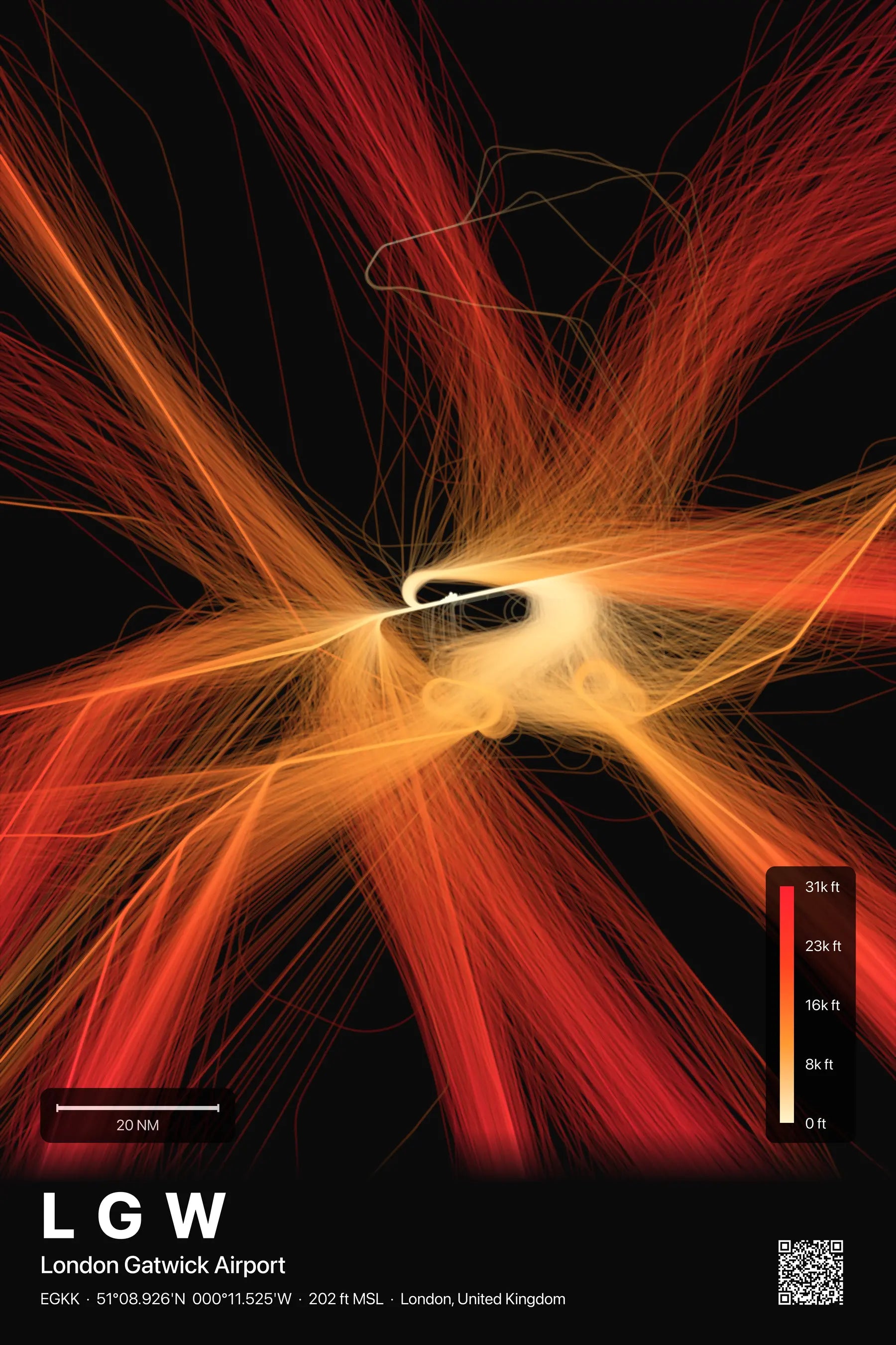 LGW flight path print — Inferno theme · Dark