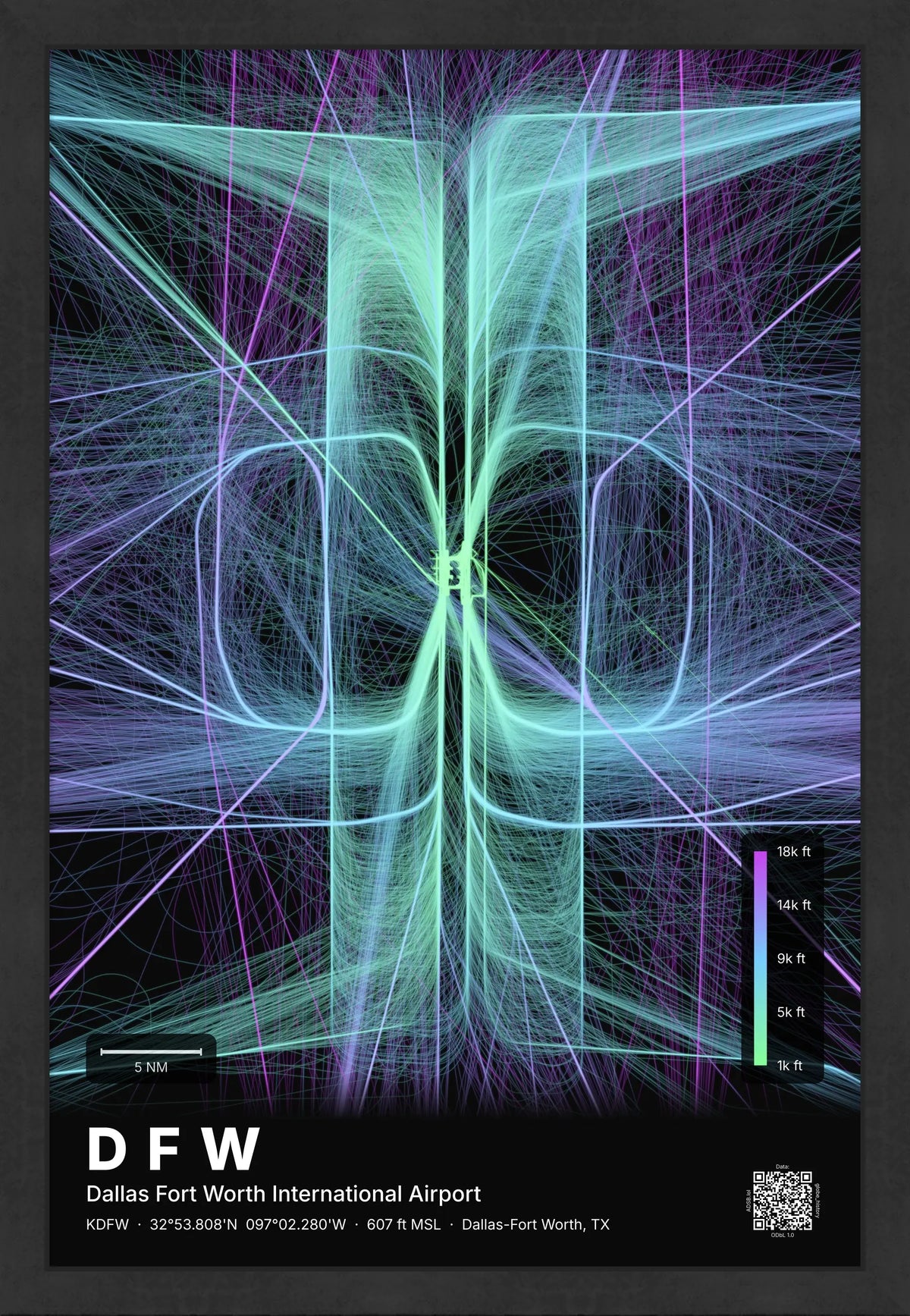 DFW flight path map — Prism theme · Dark [material:framed_black]