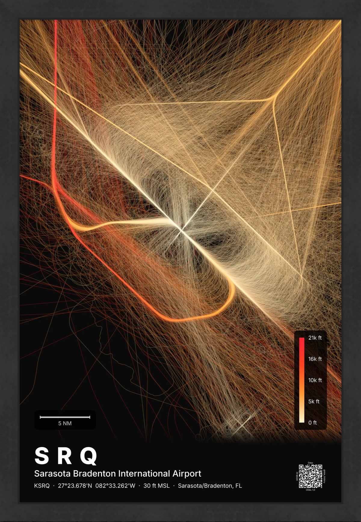 SRQ flight path print — Inferno theme · Dark [material:framed_black]