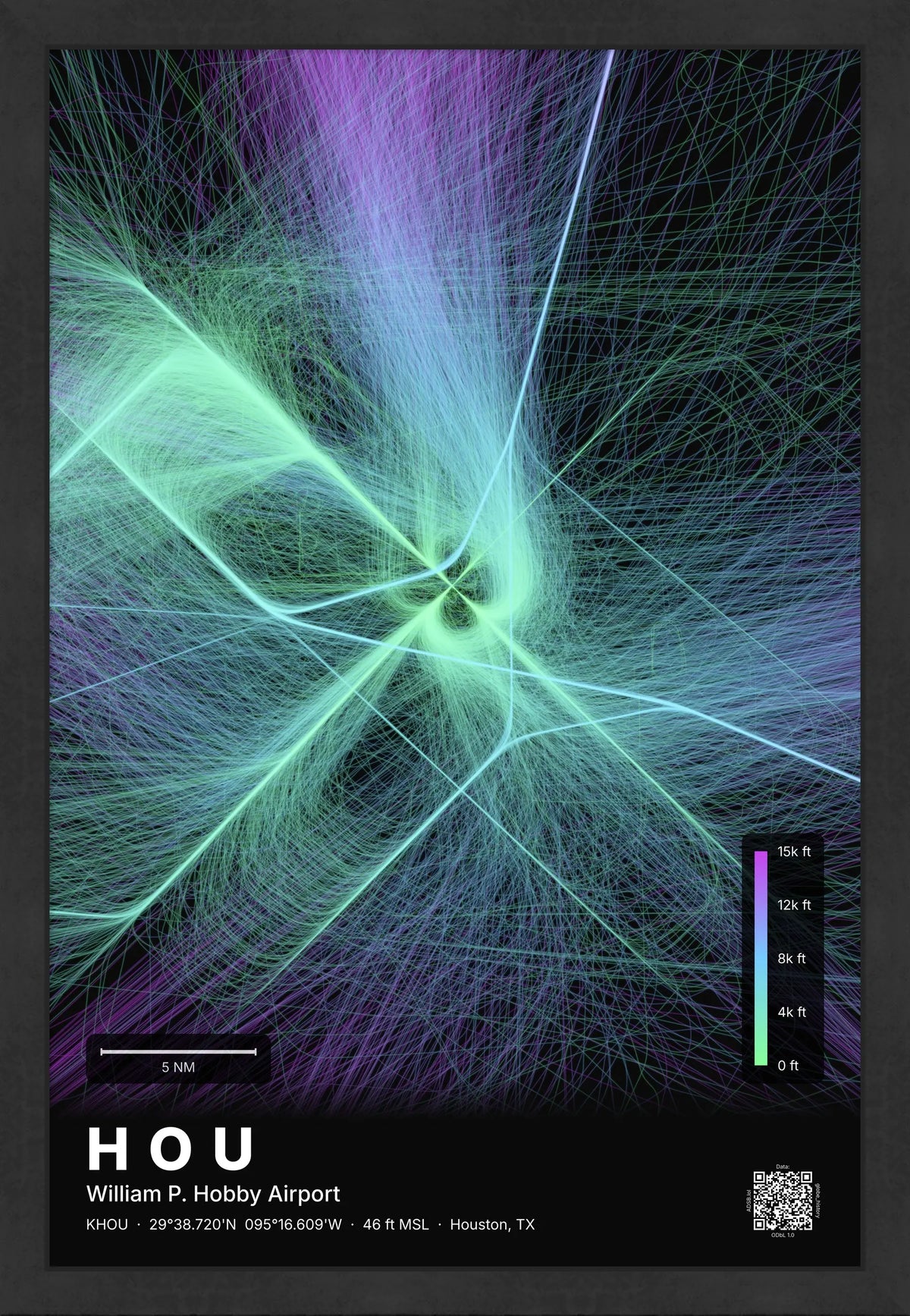 HOU flight path print — Prism theme · Dark [material:framed_black]