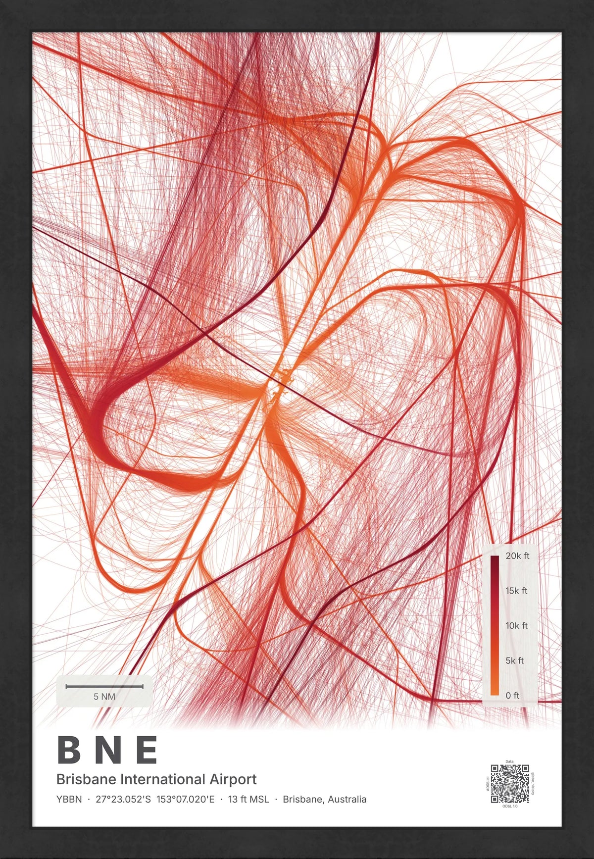 BNE flight path map — Inferno theme · Light [material:framed_black]