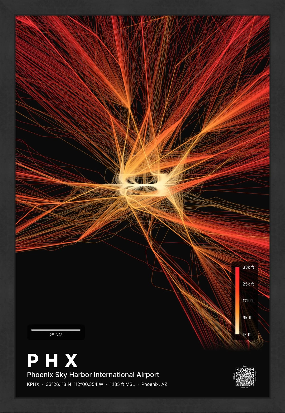 PHX flight path print — Inferno theme · Dark [material:framed_black]