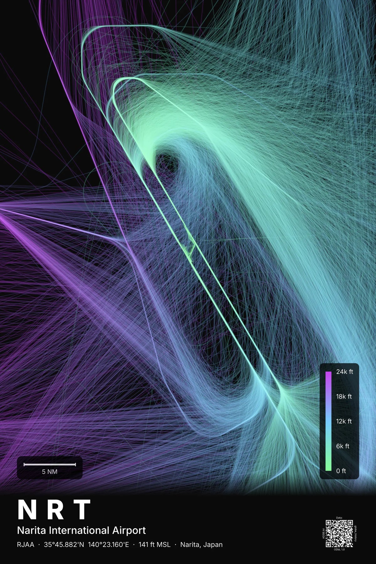 NRT flight path map — Prism theme · Dark