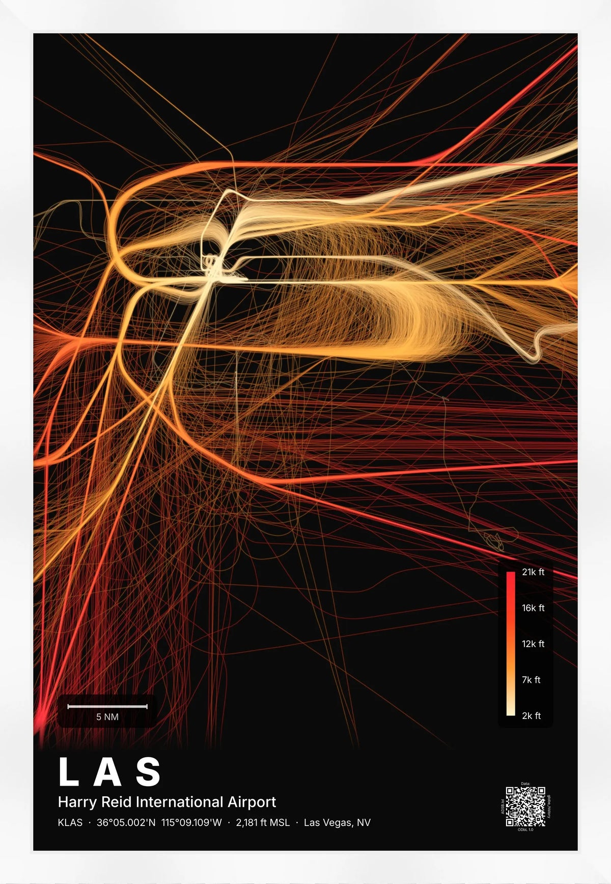 LAS flight path print — Inferno theme · Dark [material:framed_white]