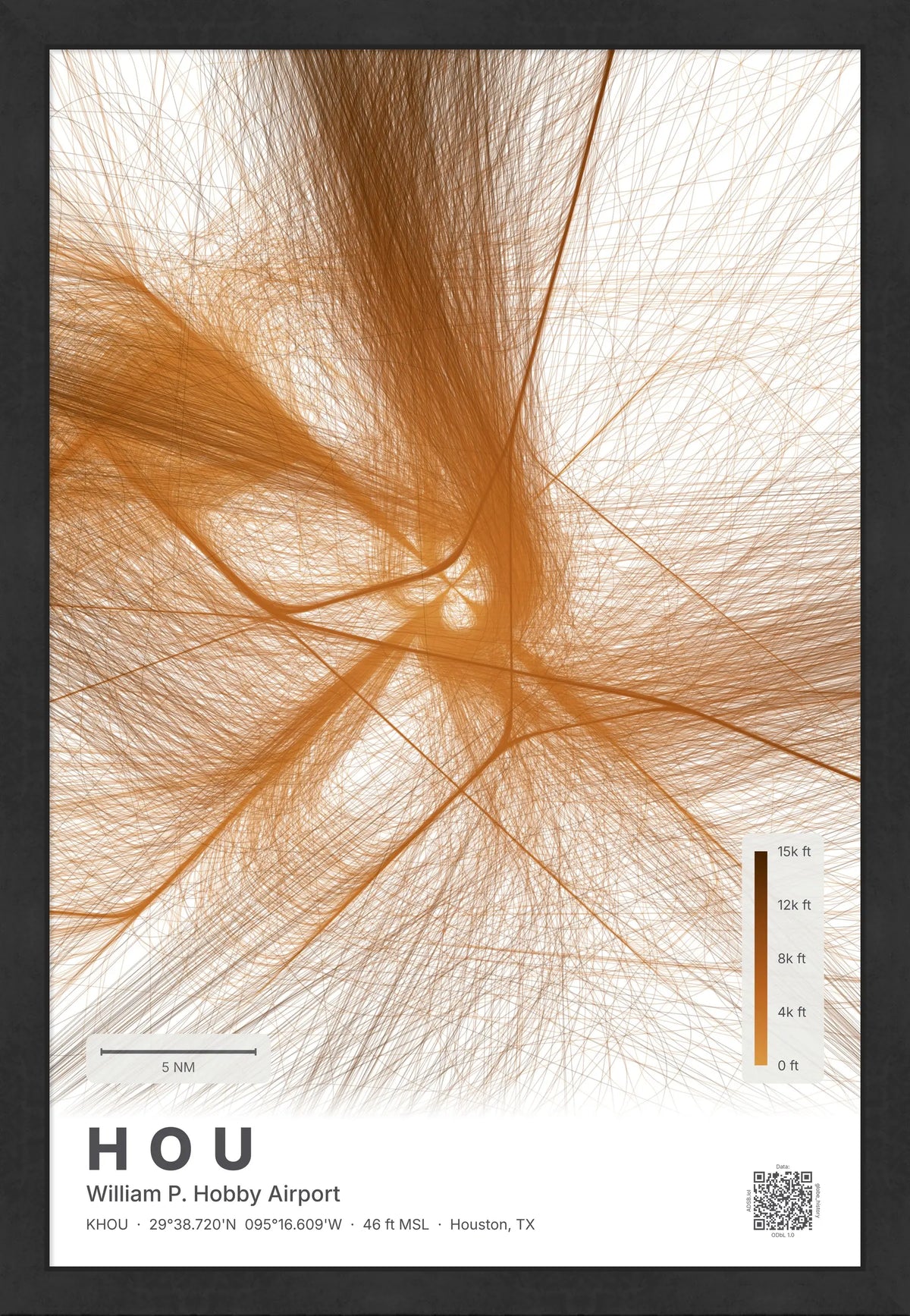 HOU flight path print — Solana theme · Light [material:framed_black]